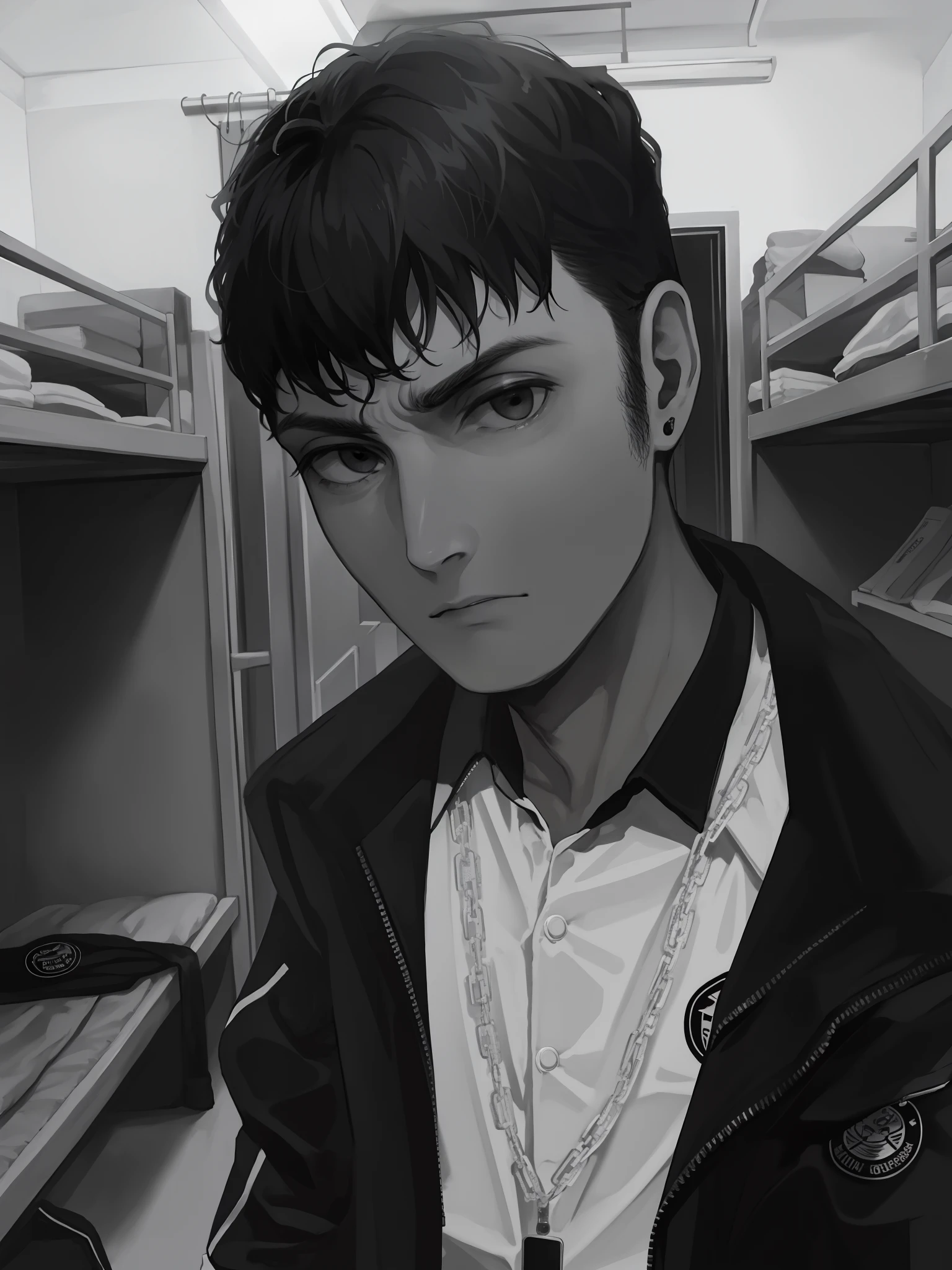 The Arad man in a black jacket stands in a room with bunks,The expression is serious