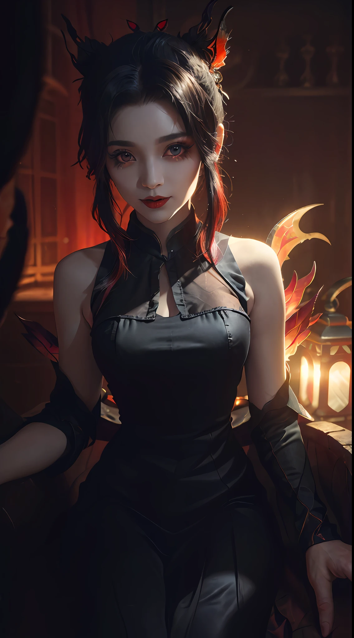 1 beautiful devil woman from hell, In the Dark: 1.6), surreal female portrait by David Hockney and Alphonse Mucha, fantasy art, korea doll, photorealism, dynamic lighting, artstation, poster, volumetric lighting, very detailed faces, 8k ultra, Awarded, in the dark, deep shadow, low key, cowboy lens, (Red phoenix dress: 1.4), long hair, black hair, bust, luxurious palace, Royal style, devil crown, red eyes make up very sharp and detailed, The most beautiful face, The breasts are very big and round and round, Super realistic, chinese women's clothing, polo neck sweater, Charming smile, The eyes are very well made up, guweiz, devil style, wearing black mesh socks, Ponytail with a bow tied at the back of the hair, Red black lips, Devil tattoo on shoulder, wearing a thin red and black robe, the landscape is overcast and thunderous, (Portrait), Close-up of the main character, (Background details 1.8),