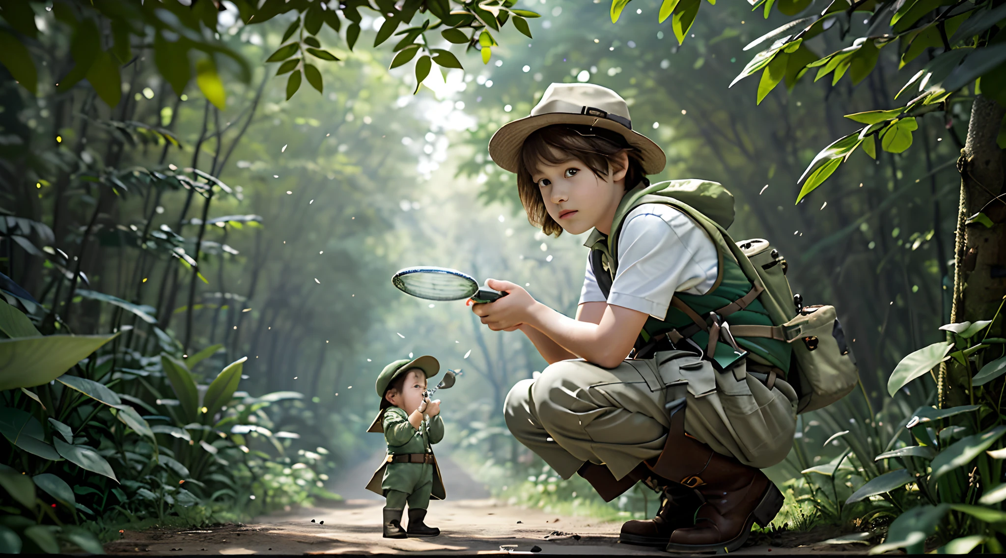 The boy (Curious and smart:1.2), (Explorer's costume:1.3) Get ready for adventure, Khaki hats block out the sun, A cargo vest pocket full of wonders, Binoculars hung around his neck, The compass in his hand guides his way, Sturdy boots step on unknown roads, Draw an unfolded secret map to explore, (magnifying glass:1.4) Curiosity's best friend, Gaze at tiny miracles, Insects solve mysteries, Wildlife symphony with rustling leaves, Imagine a world that has not yet been discovered, A fictional world at your fingertips, The adventure unfolds page by page, The boy is essentially an explorer.