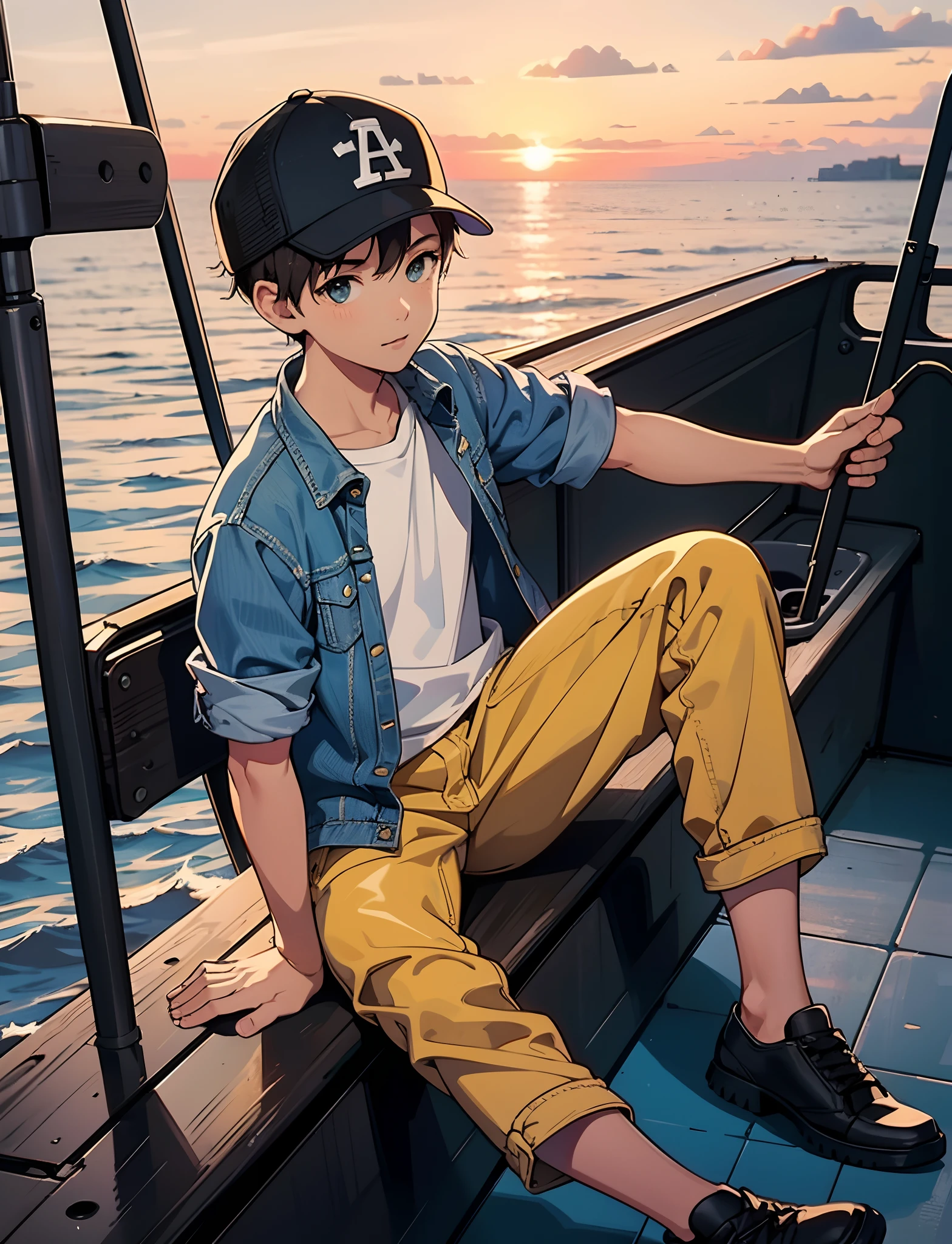 A young boy with,Wear a denim jacket,With a baseball cap,Sit on a fishing boat by the sea,Looking at the sky,The background is the sea,Sunset and sunset,Full body photo,Ultra-high definition