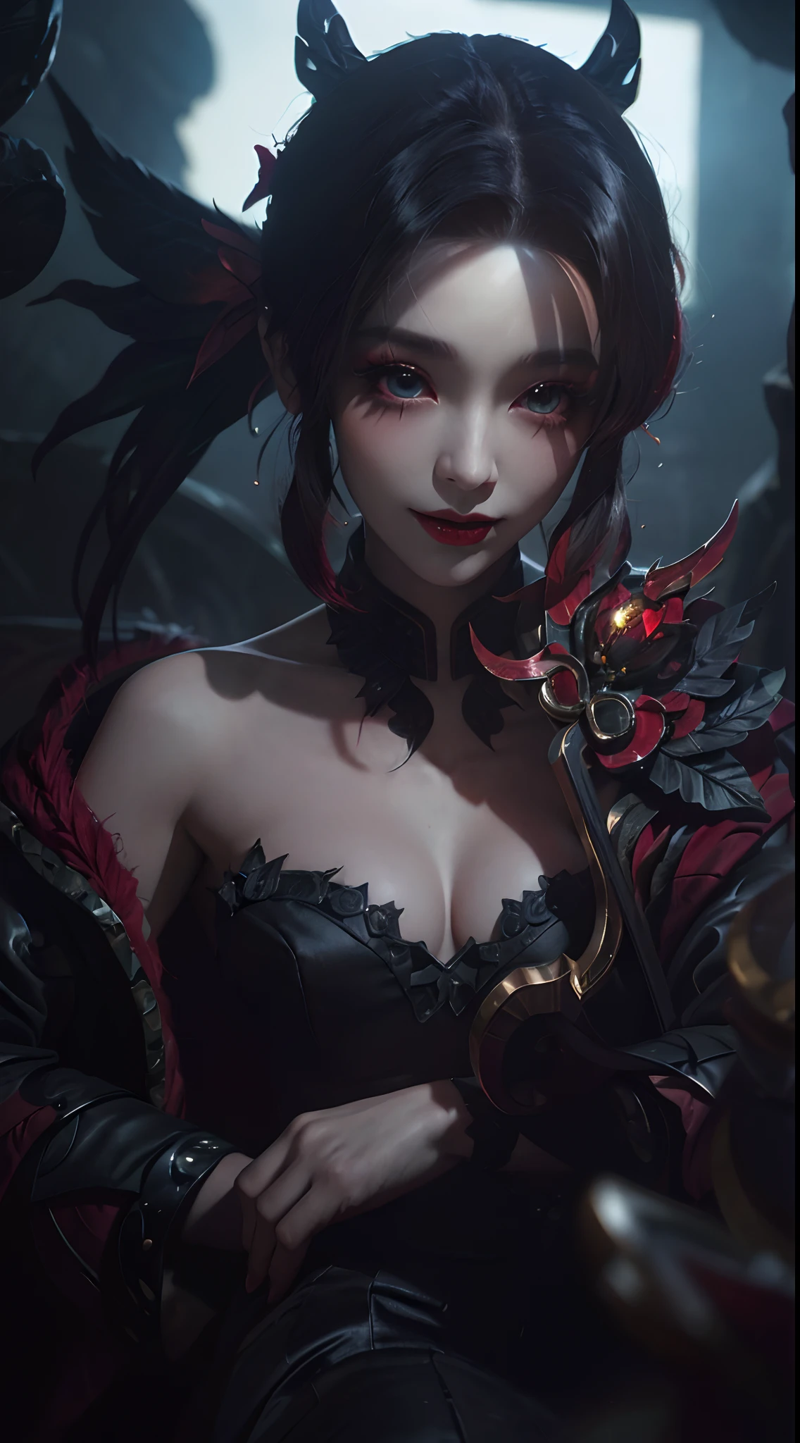 1 beautiful devil woman from hell, In the Dark: 1.6), surreal female portrait by David Hockney and Alphonse Mucha, fantasy art, korea doll, photorealism, dynamic lighting, artstation, poster, volumetric lighting, very detailed faces, 8k ultra, Awarded, in the dark, deep shadow, low key, cowboy lens, (Red phoenix dress: 1.4), long hair, black hair, bust, luxurious palace, Royal style, devil crown, red eyes make up very sharp and detailed, The most beautiful face, The breasts are very big and round and round, Super realistic, chinese women's clothing, polo neck sweater, Charming smile, The eyes are very well made up, guweiz, devil style, wearing black mesh socks, Ponytail with a bow tied at the back of the hair, Red black lips, Devil tattoo on shoulder, wearing a thin red and black robe, the landscape is overcast and thunderous, (Portrait), Close-up of the main character, (Background details 1.8),