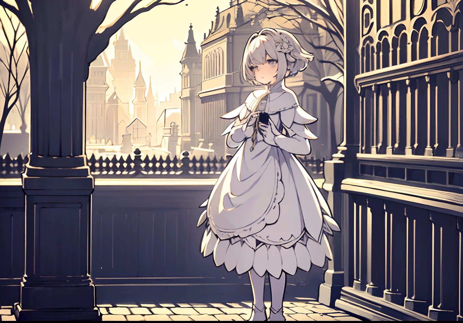 (best illumination, an extremely delicate and beautiful), (ultra-detailed:1.4), clouds, sky, morning, dappled sunlight, winter, sun, day, sunny, 1girl, (full body:1.2), look down, white dress, beautiful detailed eyes, white hair, standing, sense of hustle and bustle, street, (a sense of depth and perspective in the composition: 1.25), detailed background