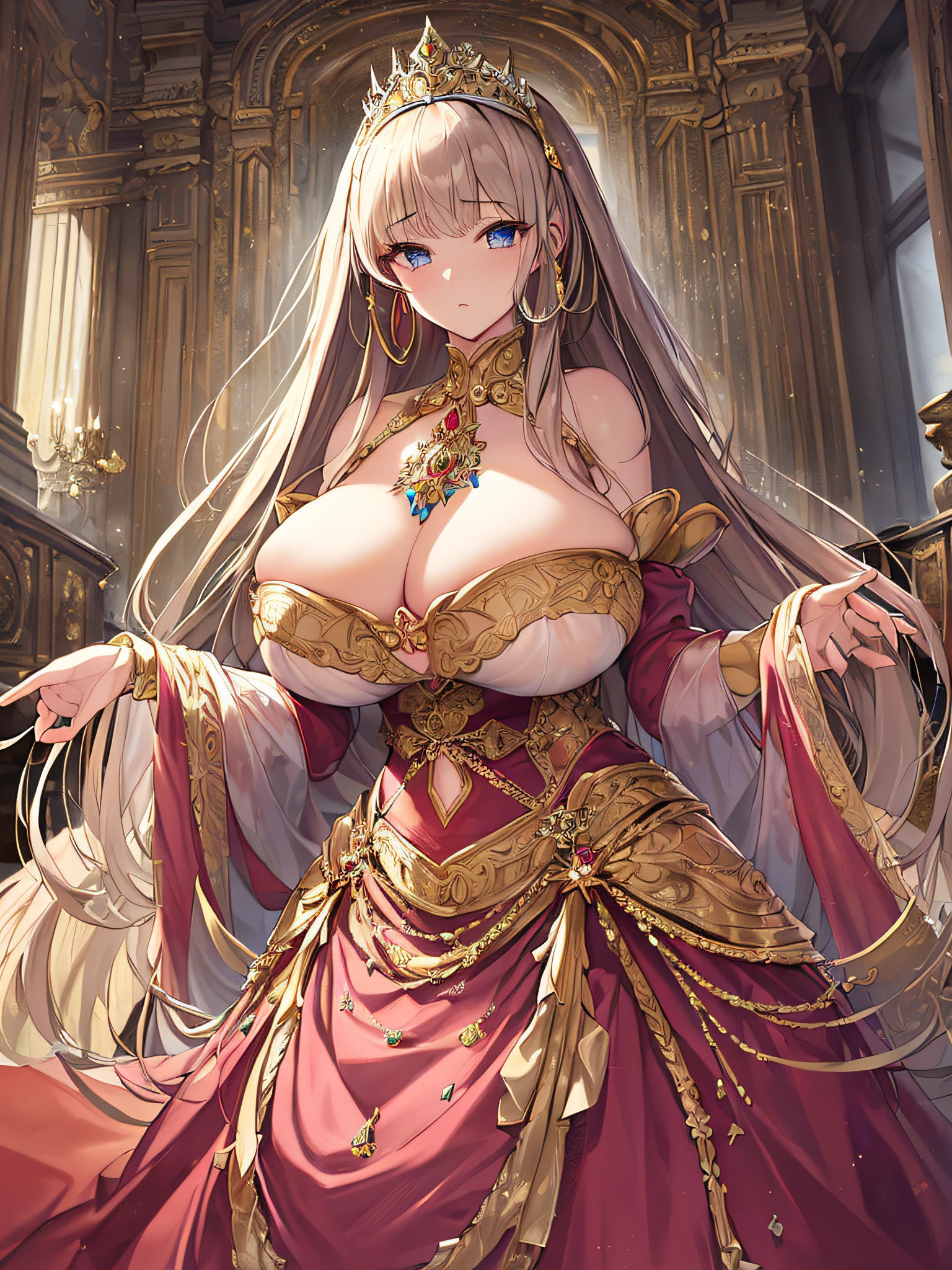 ((anime artstyle)),(Masterpiece),(Best Quality), (Super Detail),((Very Delicate and Beautiful)),(((Solo))),((full body portrait)),(((1 princess in baroque dress with full length voluminous hoop skirt))),crinoline,((standing in baroque office)),Long train,(gorgeous gemstone jewelry),detailed face and eyes,jewel-like eyes,((large amount of straight hair,extremely voluminous Very Long Straight Hair)),((gorgeousfull embroidery and lace)),((gigantic tits,Long tits)),cleavage,gorgeous corsage,See-through,extremely gorgeousfull hair ornament,((bling-bling extremely gorgeousfull jeweled tiara)),ornate ruffles,beautiful embroidery,((Dynamic Angle)),Looking at viewer,(((baroque dress with full length voluminous hoop skirt)))