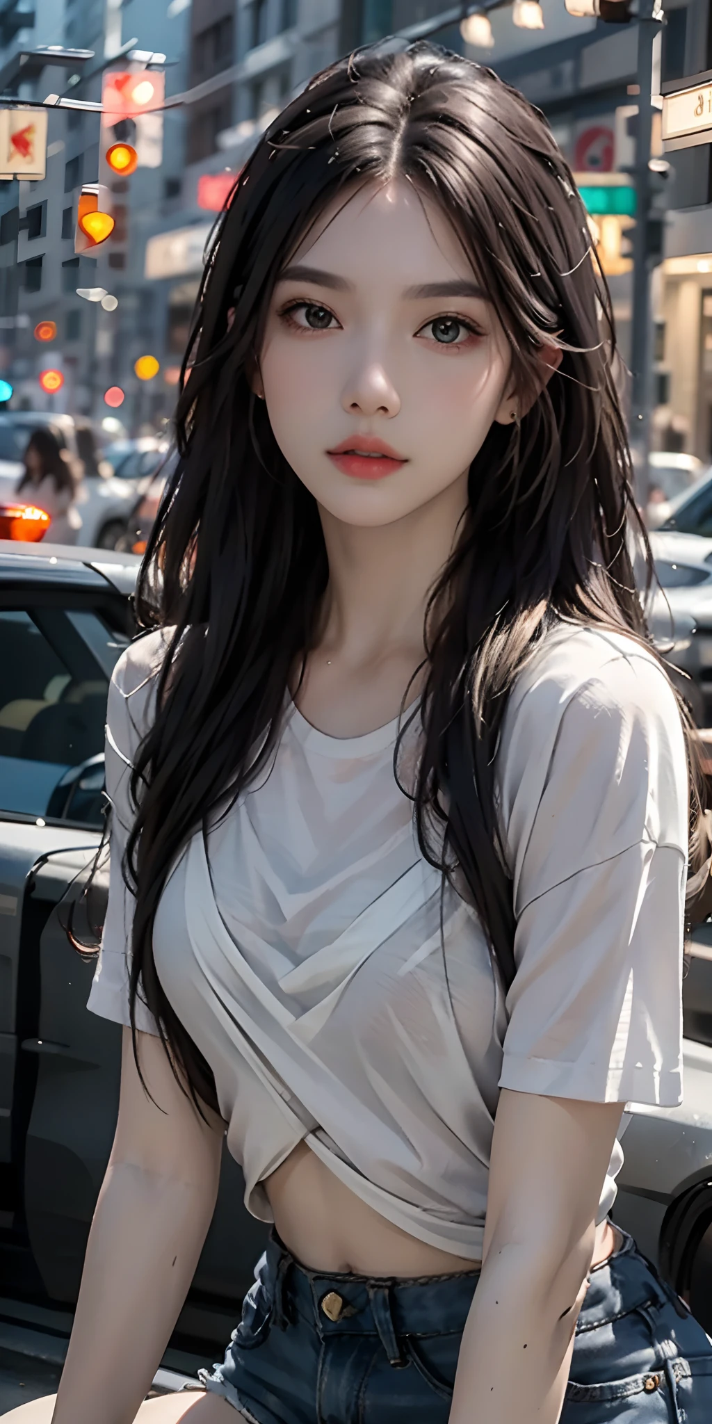 Best quality, masterpiece, super high resolution, (realistic: 1.4), original photo, (evening street), 1 girl, black eyes, looking at the audience, long hair, light makeup, lips, small ears, white t-shirt, denim shorts, earrings, sitting Ferrari, big breasts, slim