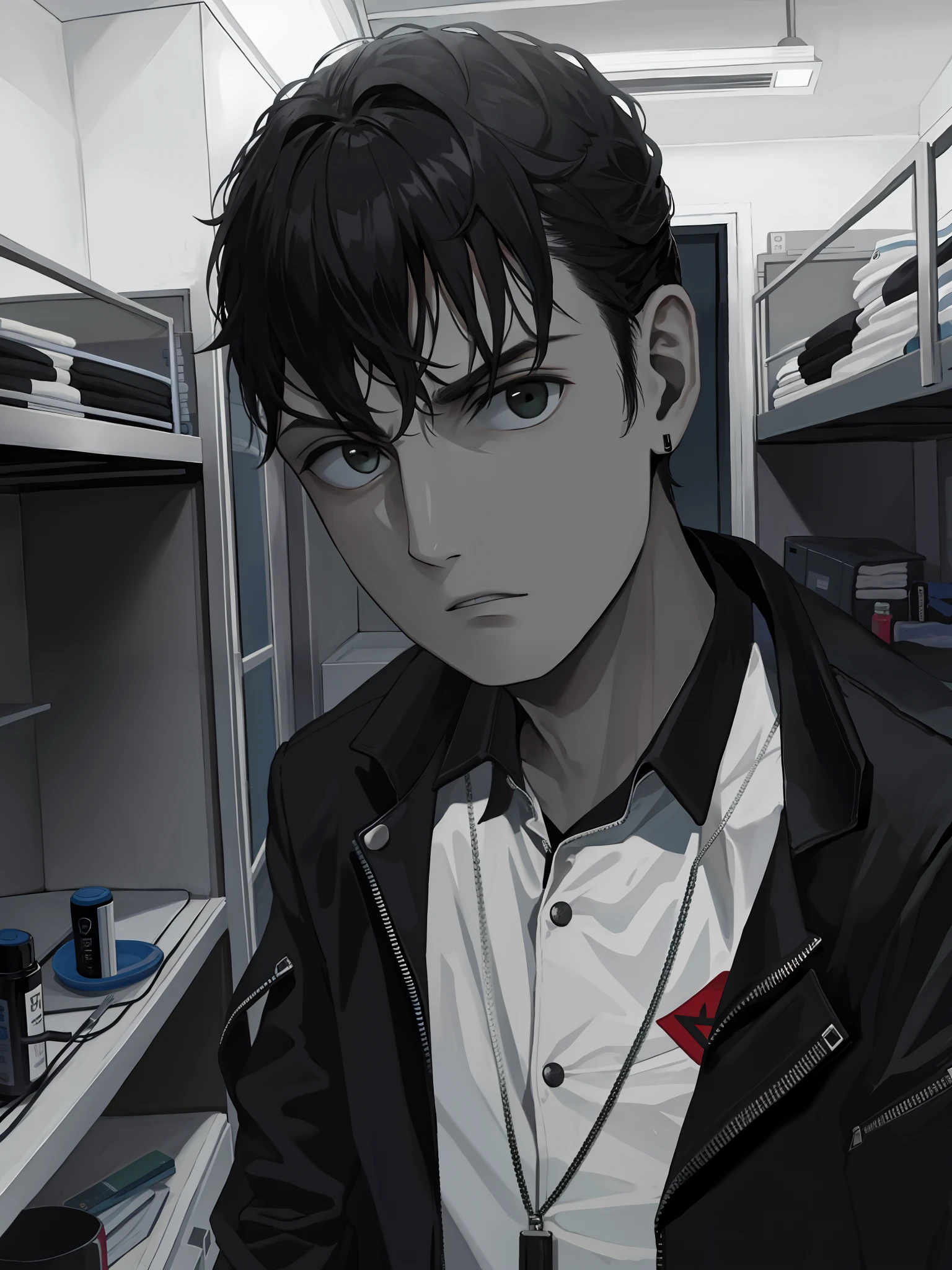 The Arad man in a black jacket stands in a room with bunks,The expression is serious