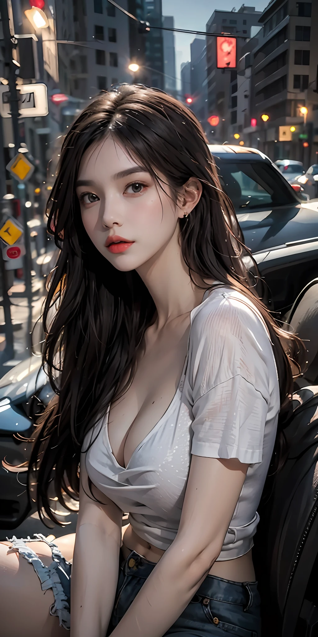 Best quality, masterpiece, super high resolution, (realistic: 1.4), original photo, (evening street), 1 girl, black eyes, looking at the audience, long hair, light makeup, lips, small ears, white t-shirt, denim shorts, earrings, sitting Ferrari, big breasts, slim