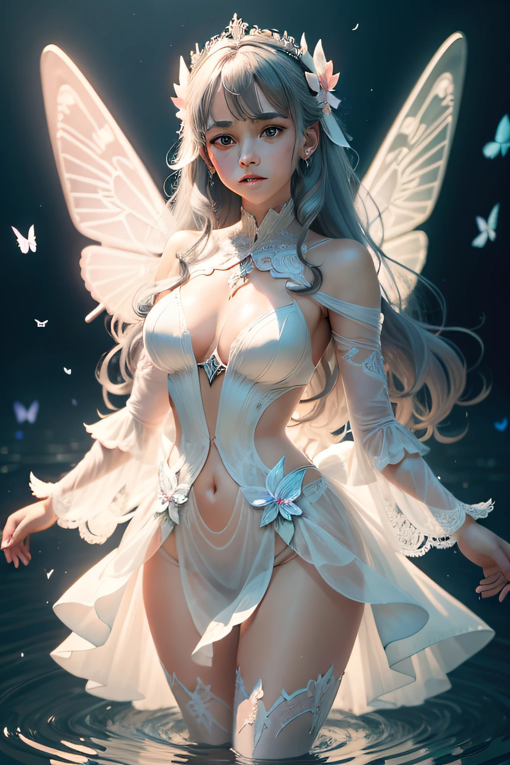 Holy Light Butterfly Angel Grey Butterfly,butterfly wings,Chest shot(MCU),Pastel tones in Rococo style,light white and light red,Incredibly beautiful,SakuraNS,Sparkling water reflection,combine,flowing,hyper realisitc,painting of a,aethereal,elsa bleda,stockphoto,Mixed reality and fantasy elements,Vray tracking,Intricate patterns,delicate linework,made of crystals,Refine your hands