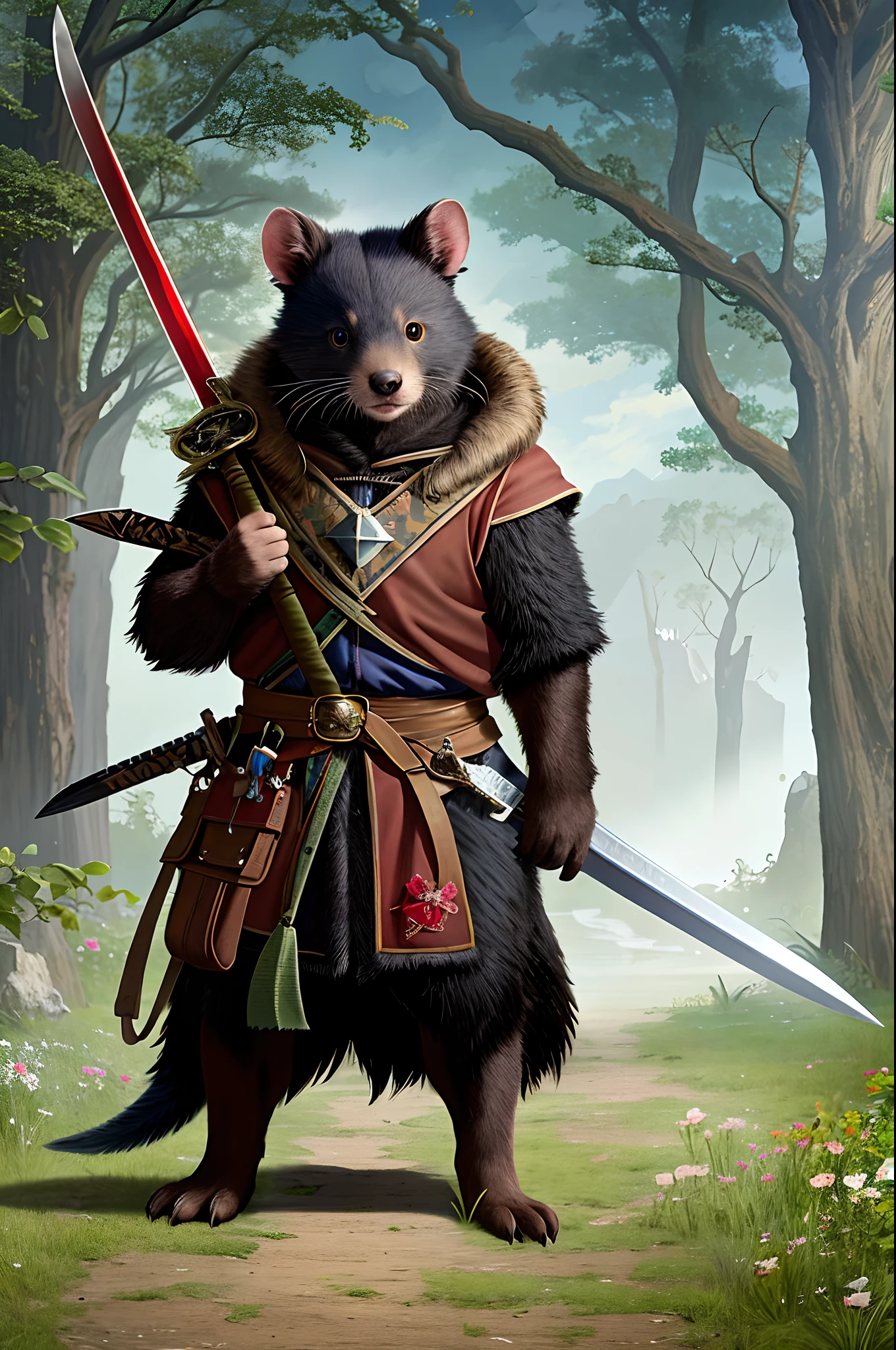 Top image quality、"Create cute creature masterpieces with inspired ultra-detailed concept art. Bring your imagination to life", （Tasmanian devil）, high detal, 8K、Top image quality、Dress up as a hunter of medieval Europe、Carrying a long sword on his back、