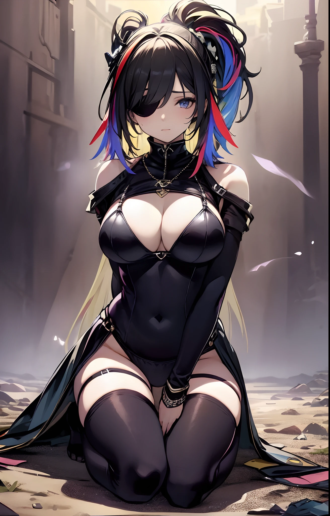 best qualityer,tmasterpiece,Ultimate resolution,downy,Extremely colorful,Colorful,Valley background,colored mist,Dancer,Bikini tights,blindfolds,huge tit,The kinky is exposed,(cabellos largos dorados),a matural female,Kneeling pose,black reotard,vale,fog atmosphere,Normal posture