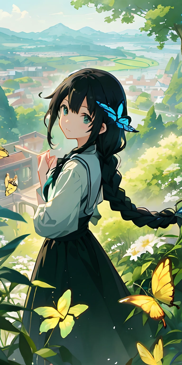 Anime girl walking through a field of flowers with a butterfly in her hand, Official artwork, offcial art, Digital anime illustration, high detailed official artwork, anime moe art style, beautiful anime art style, a beautiful anime portrait, makoto shinkai art style, Detailed digital anime art, anime visual of a cute girl, forest city streets behind her, Beautiful anime style