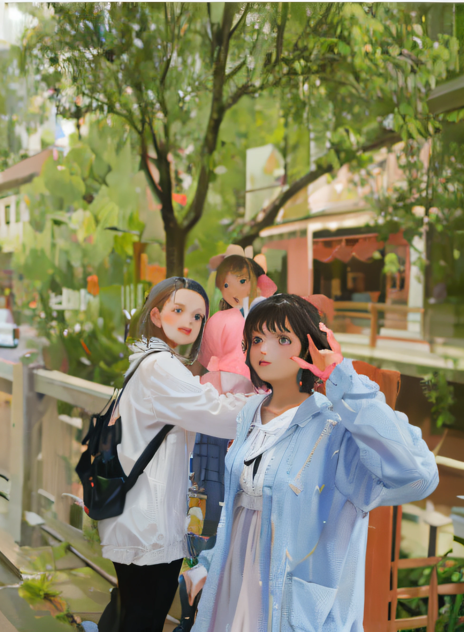 Two women standing on the bridge One woman carrying a black bag holding a pink child Biye Wicker in the foreground Realistic Small details 8k perfect face