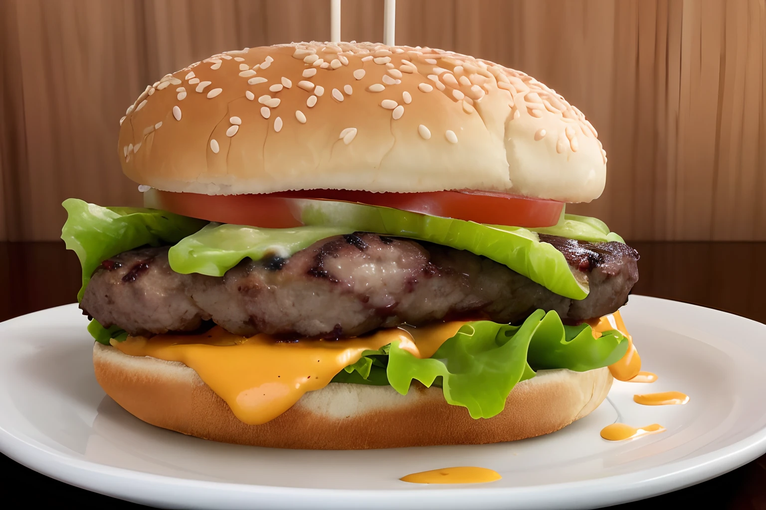 burger steak, queijo derretendo por cima, fumegante com luzes sobre ele