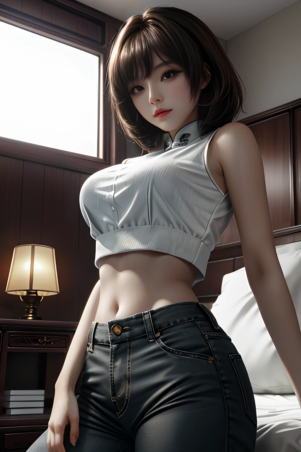 tmasterpiece， Best quality at best， 1girll， from below， underboobs， mediuml breasts， shorter pants， Crop tops， brunette color hair， 黑The eye，Chinese woman，Bottom-up perspective，near bed，rays of sunshine