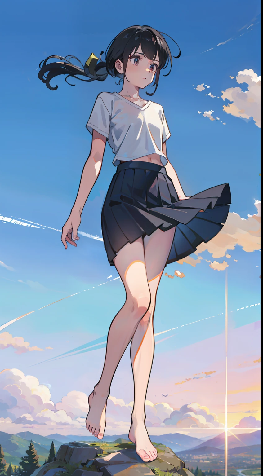 1girll，There are small strands of hair on the sides of the hair，Black color hair，long whitr hair，Hair tied up，Single horsetail，Hair to the waist，The eyes are stern，high quality head，Short top，The top floats in the wind，Lower chest is visible，Open navel，Hundred wrinkle skirt，The skirt flutters in the wind，visible underwear，Smooth shoulders，Ultimate detail，high qulity，The barefoot，sleek legs，Foot details，Hand detail，
