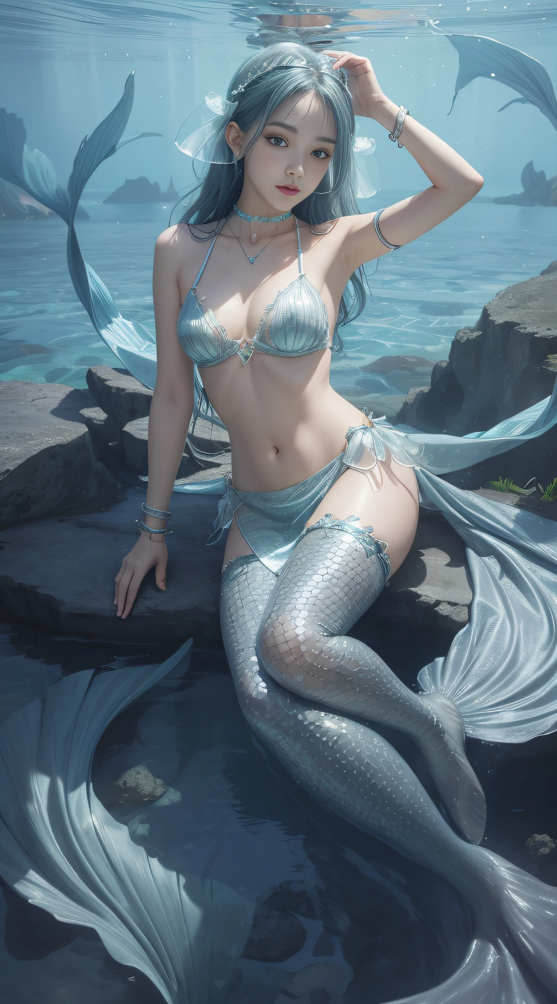 Lingerie transparent,Under the water,Mermaid costume,Mermaid tail,Bracelet,耳Nipple Ring,head gear,choker necklace,smallunderboob,