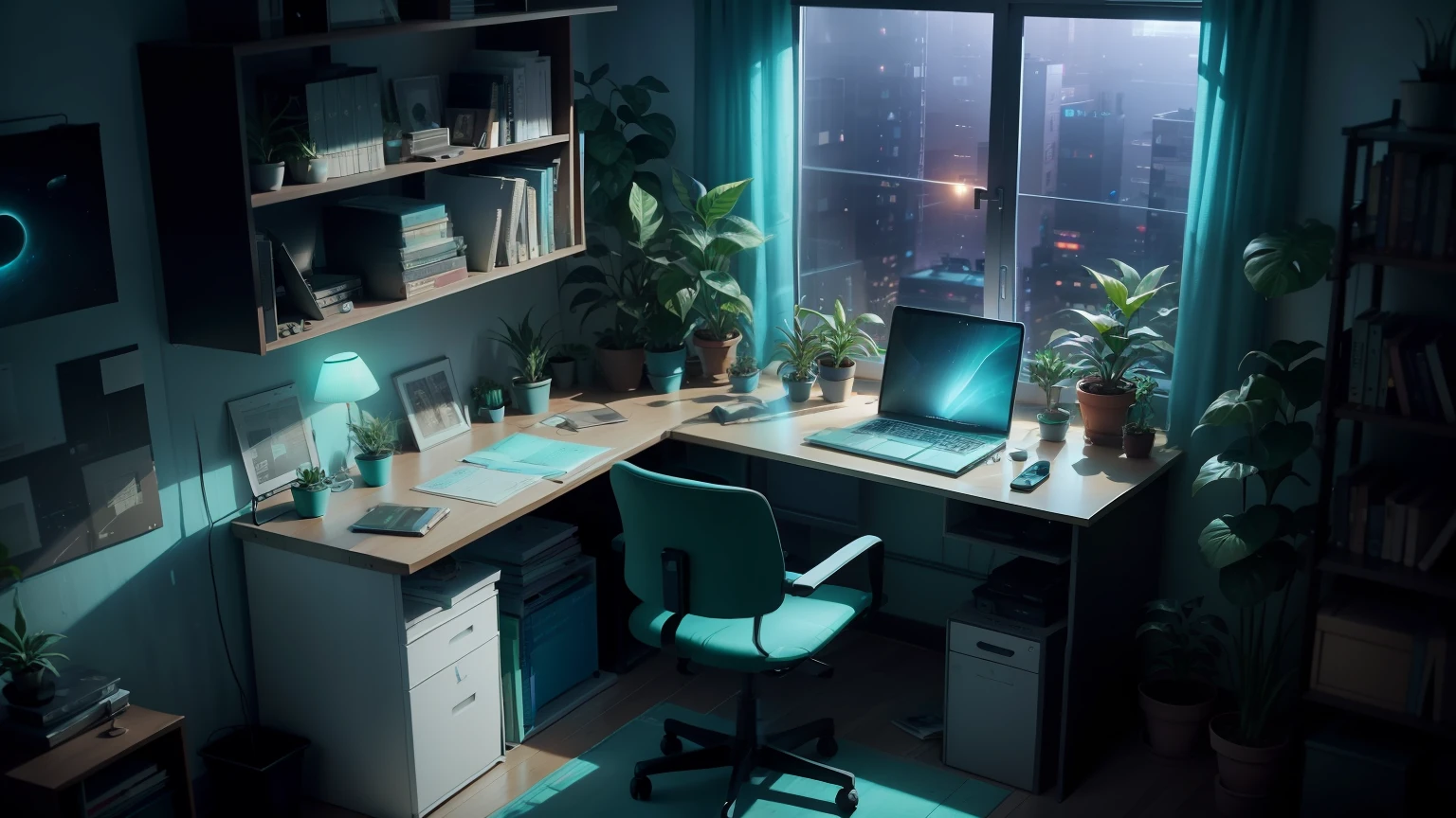 Room at night, ciberpunk, computer desk, houseplants, Books, computer, Space outside the window, Turquoise light