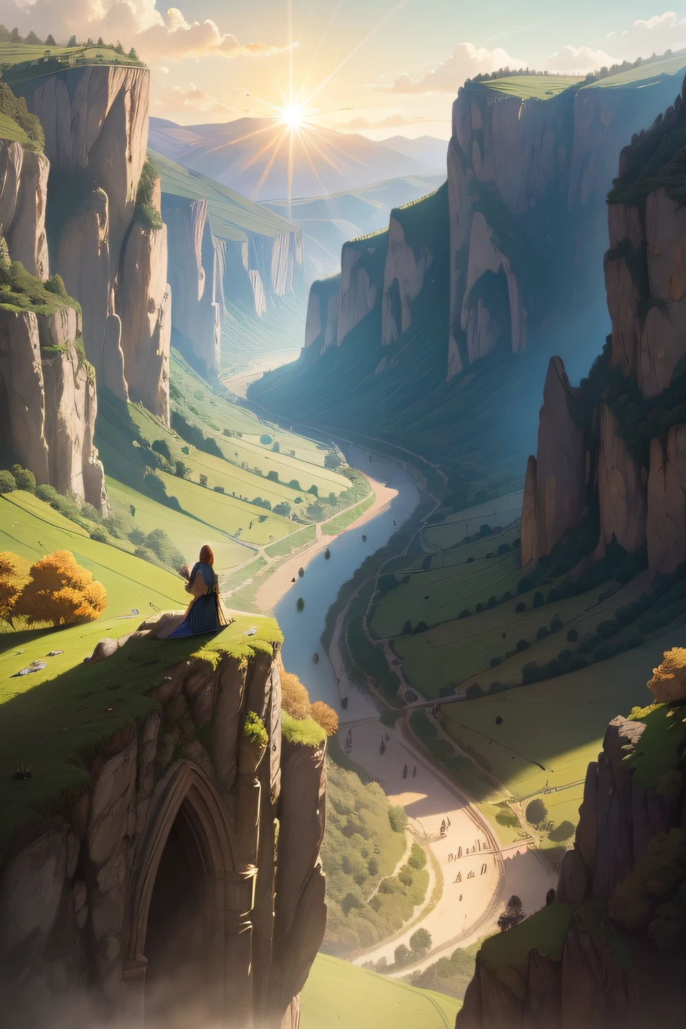 Gorge with medieval landscape with beautiful sun in the background and in the valley many multicolored butterflies and sun in the background, with an abstract human character coming out of the shadow of the valley and heading towards the sun, where a shaded image of this character gains brightness