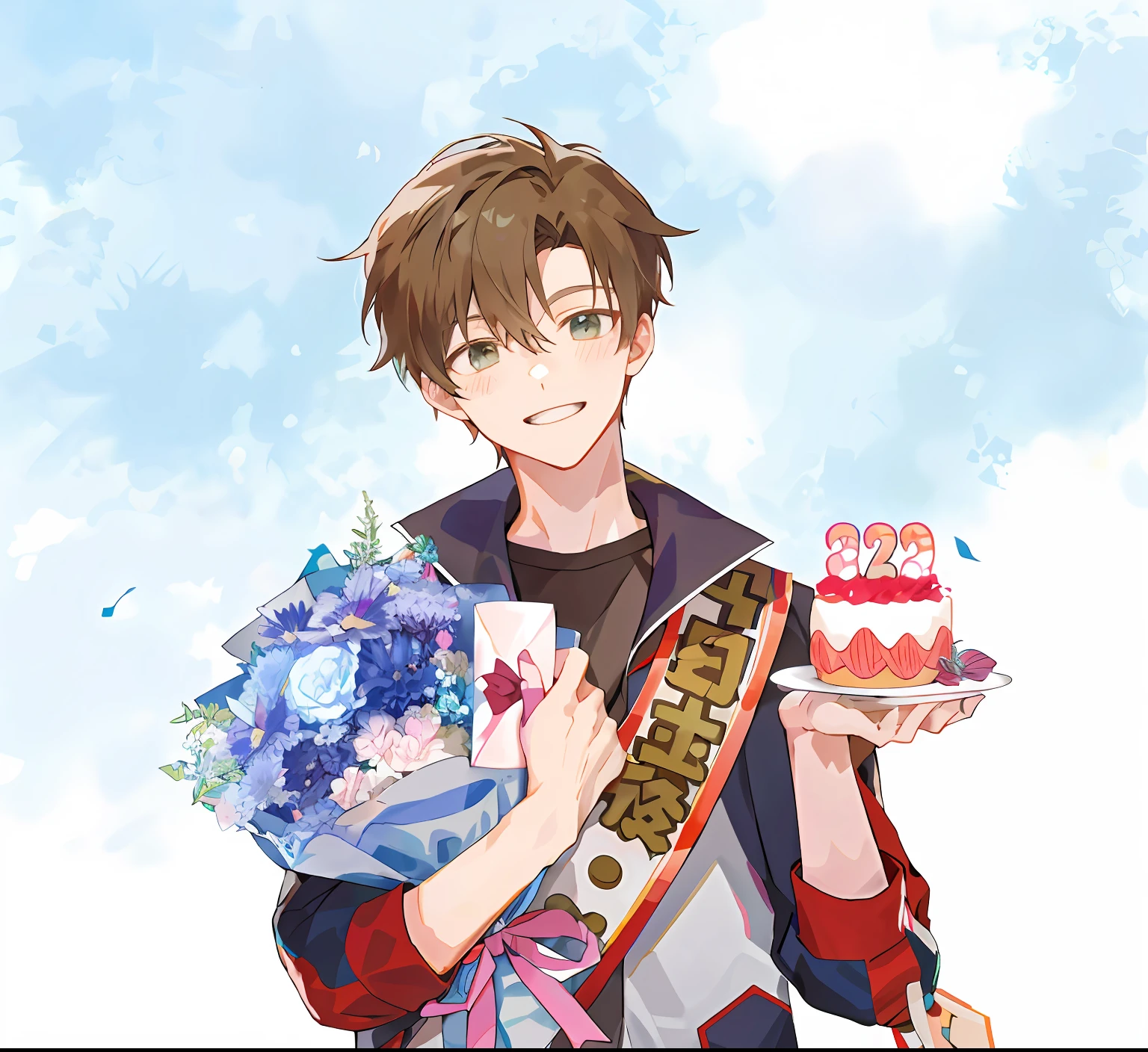 Anime boy holding cake and flowers in his hand,  he is about 20 years old, happy birthay, Official illustration
