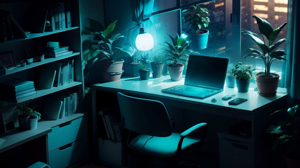 Room at night, ciberpunk, computer desk, houseplants, Books, computer, Space outside the window, Turquoise light