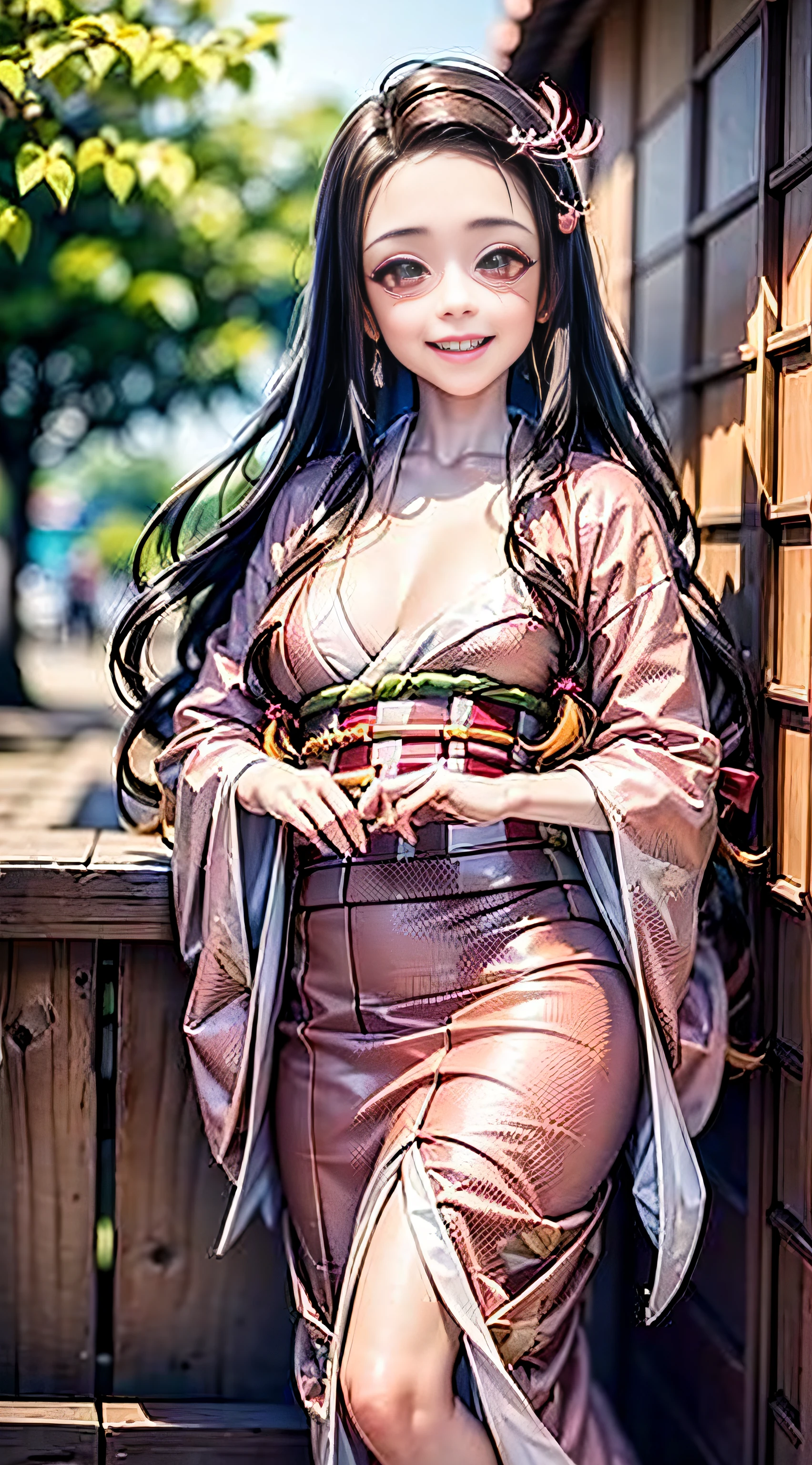 Wear kimono well、(masutepiece: 1.2), Best Quality, masutepiece, High resolution, Original, Highly detailed wallpapers, (super detailing), (Best Illustration), (better shadows), (Nezuko), Smile, blusher, (perspiring), Under the breasts,