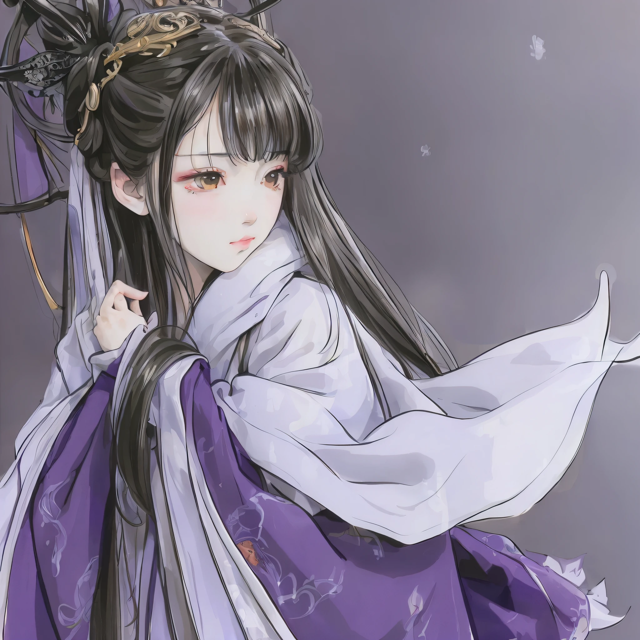 Masterpiece, Best quality, offcial art, 8K wallpaper, Highly detailed, illustration, 1 girl, Black hair, Long hair, Detailed eyes, Enchanted，Purple Hanfu，Shawl hair，Confused，Stand in the snow，Pale face，Hold the hairpin