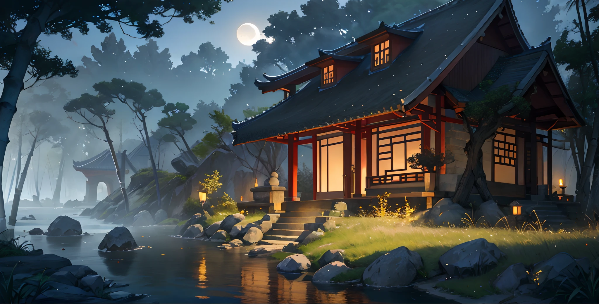 Ancient Chinese architecture, cool colors, dark night, moon, garden, bamboo, lake, stone bridge, rockery, arch, corner, tree, running water, landscape, outdoor, waterfall, grass, rock, dense fog, (Illustration: 1.0) , Epic Composition, HD Details, Masterpiece, Best Quality, (Very Detailed CG Unity 8k Wallpapers) --v 6