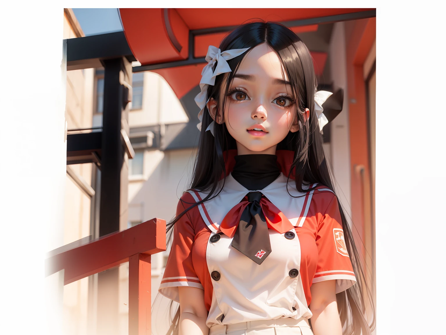 A cute girl with long black hair,Wearing a red and white school uniform,Masterpiece top quality