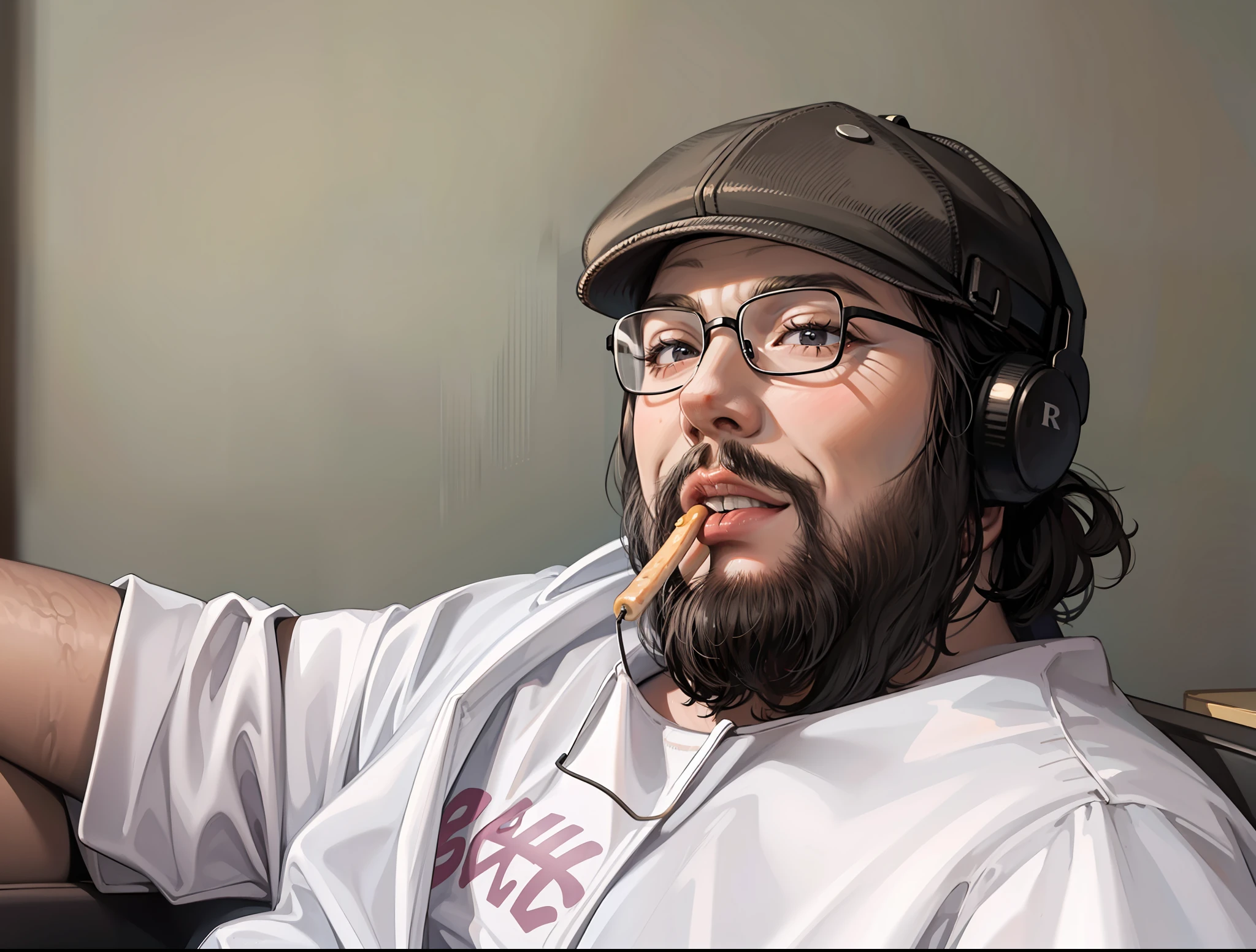 A man in black short sleeves, sitting on sofa with office in the background, eating sausage, 4K, high resolution