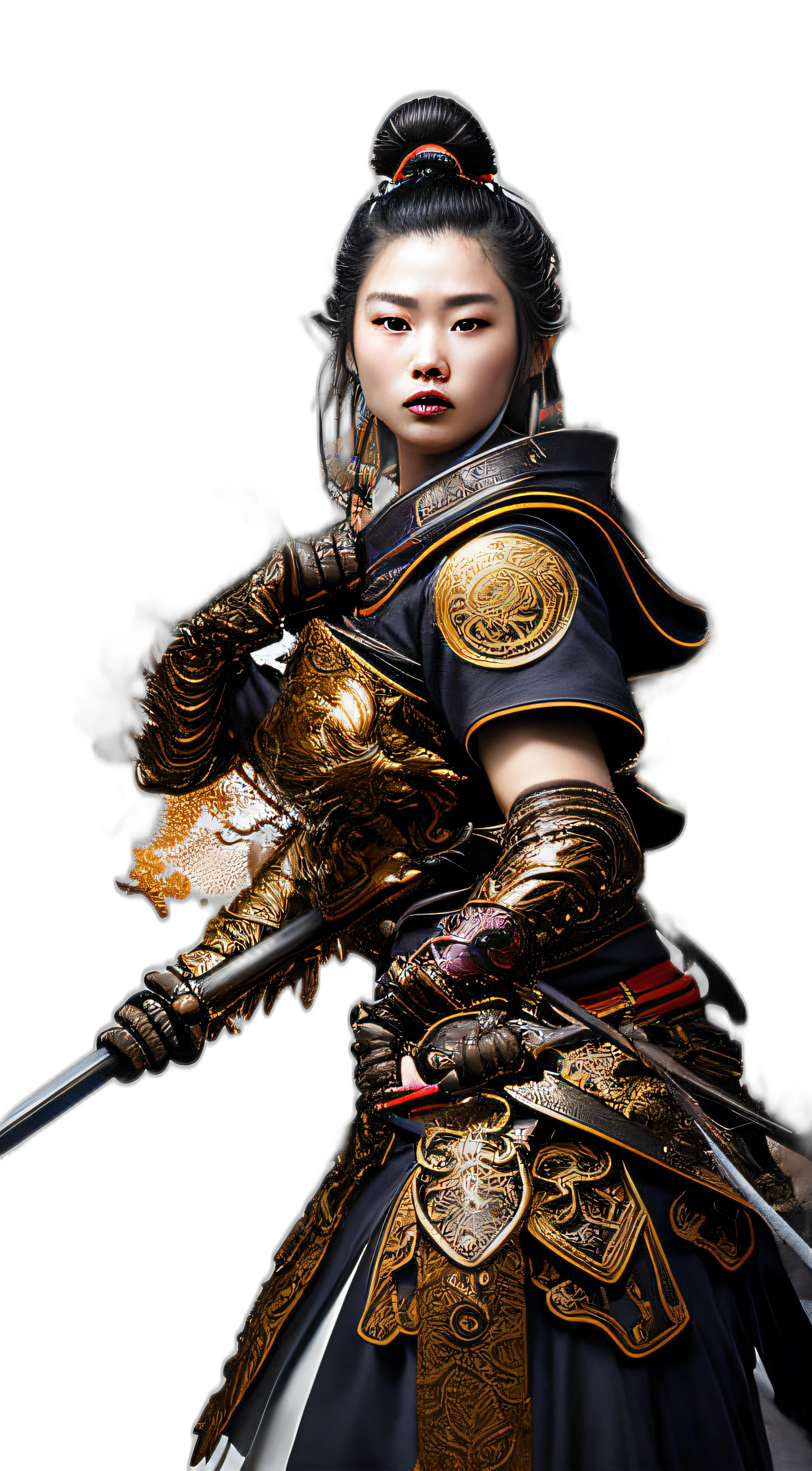 estampa para camiseta com uma samurai feminina manuseando uma katana ao fundo o templo dourado de kyoto, light cannons and smoke effect,arte oficial, papel de parede 8k da unidade, ultra detalhado, handsome and aesthetic, obra-prima, melhor qualidade, (arte fractal: 1.3), extremamente detalhado, dinamic angle, um design brutalista, cores vivas, por james jean, roby dwi antono, ross tran, francis bacon, michal mraz, adrian ghenie, petra cortright, gerhard richter, takato yamamoto, ashley wood, atmospheric.