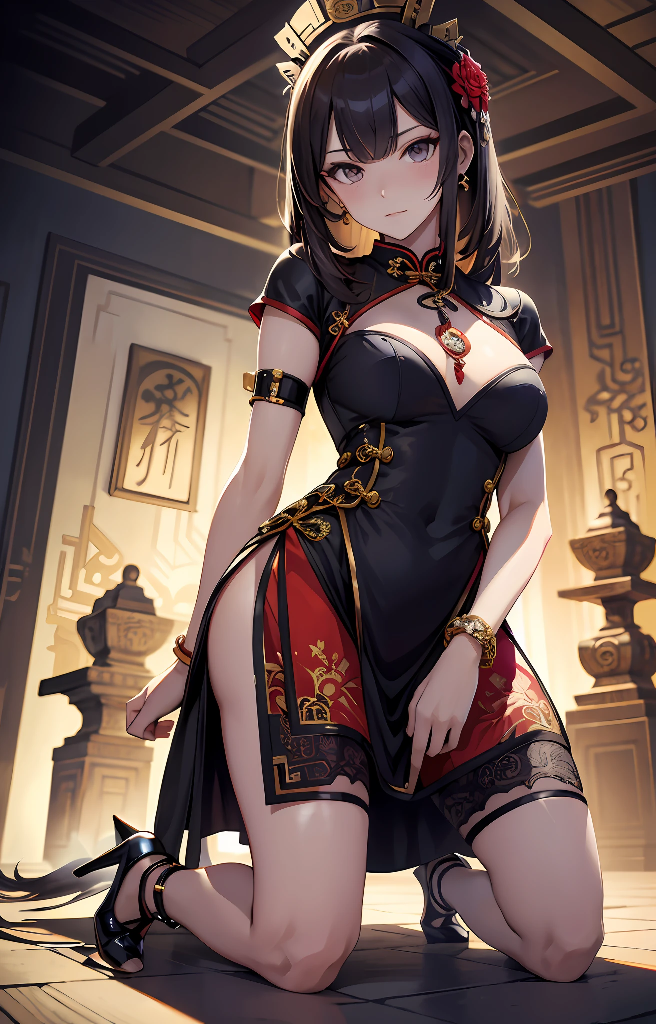 best qualityer,tmasterpiece,Ultimate resolution,downy,Extremely colorful,Cheongsam beauty,Female slaves,Sex slaves,on cheongsam,Kneeling pose,(Point at you with your ass),Collar,Anklets,high-heels,high-heels,Correct posture