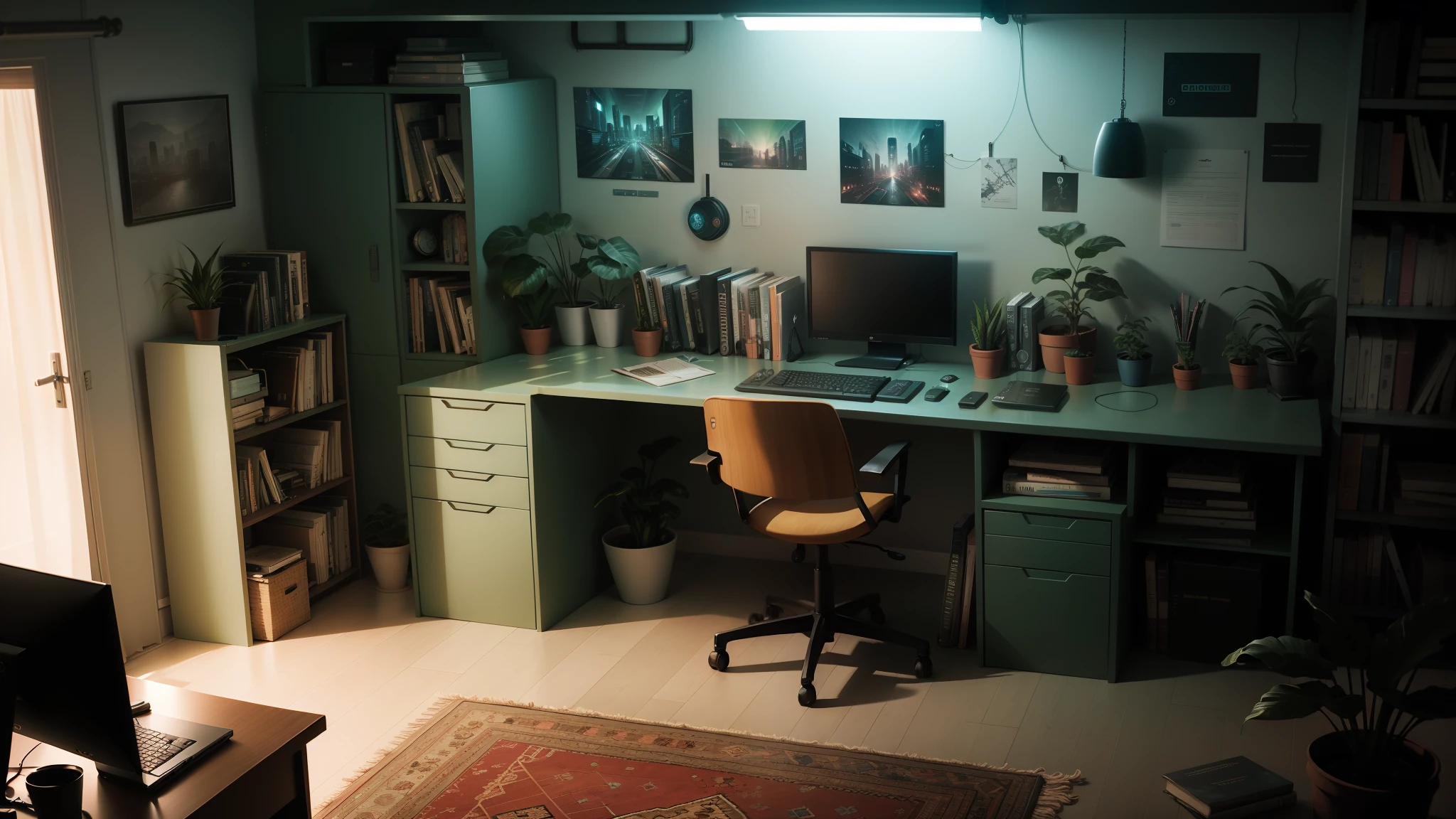 Room at night, ciberpunk, computer desk, house plants, Carpets, Books, computer, Comfort