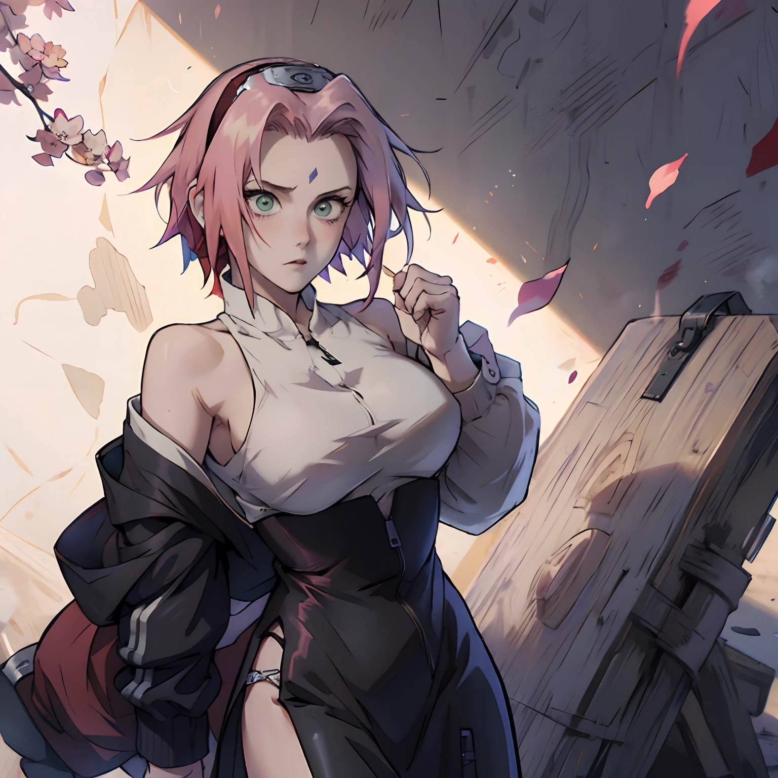 nmasterpiece， hoang lap， （intrincadamente detalhado）， （rich colourful）， cinamtic lighting， Extremely detailed 8k CG unit wallpaper， 1 girl， very large breast， sakura haruno， Puppy pose， pov， NSFW， Provocative， nervousness， embarressed， face red， torn laundry， Partial nudity，sakura haruno，The forehead has a purple prismatic mark --auto