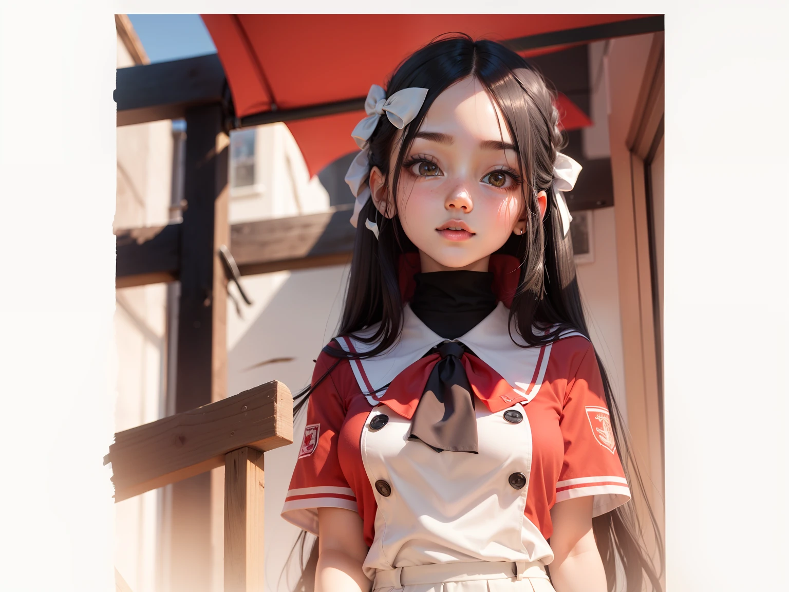 A cute girl with long black hair，Wearing a red and white school uniform，Masterpiece top quality