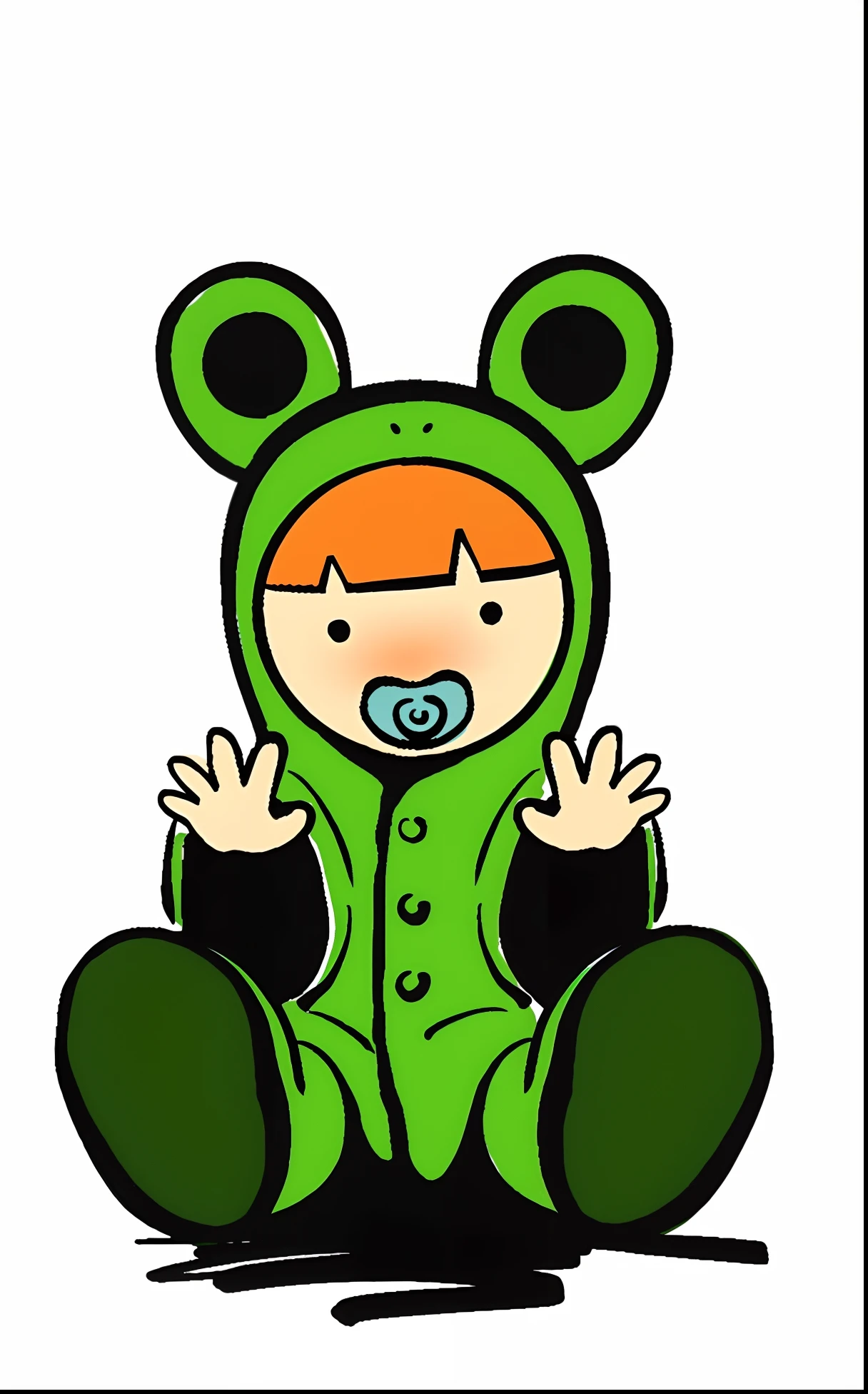 Cartoon baby dressed as a green bear sitting on the floor, Frog Theme, Cute frog, Frog, Frog Chair, cartoonish cute, chibi, Frog, Peeking at the frog!!!, With a cute toad, Digital Color, cartoon illustration, digital rendering, Wednesday Frog, SVG illustration, toddler, cartoon image, digital rendering