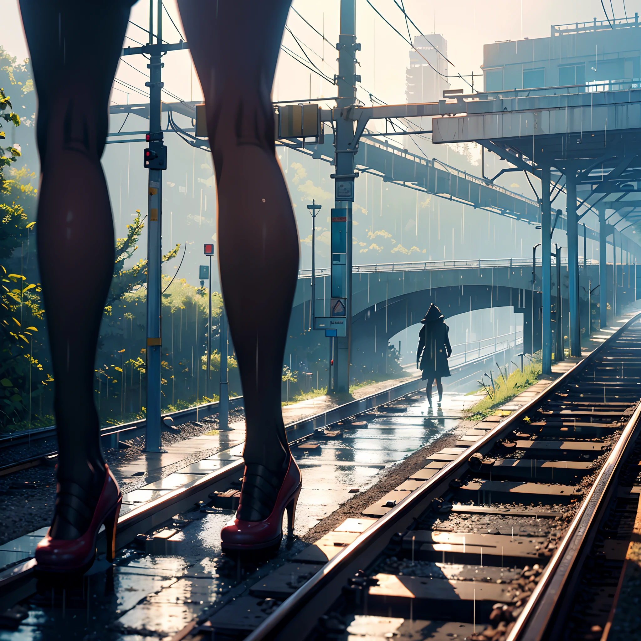 One pair of sexy walking legs taking shelter under a train bridge, zoomed in shot on legs, raining, masterpiece, absurdes beautiful shadow and lighting
