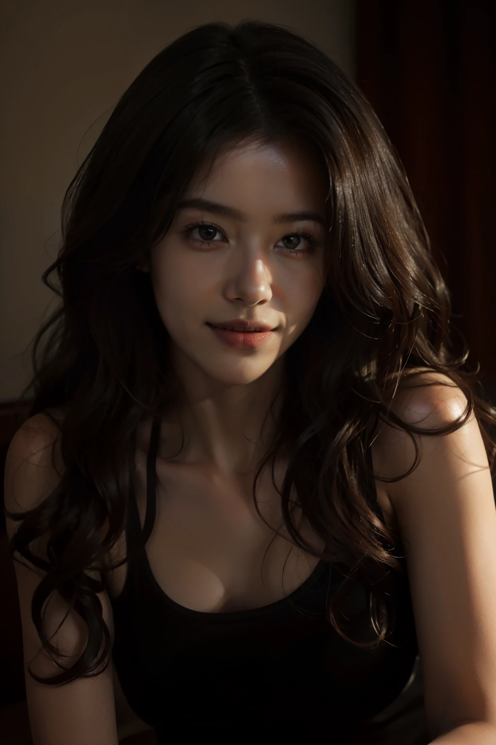1girll,fake smile,Curly hair,In the dark,deepshadow，Tifa looks，