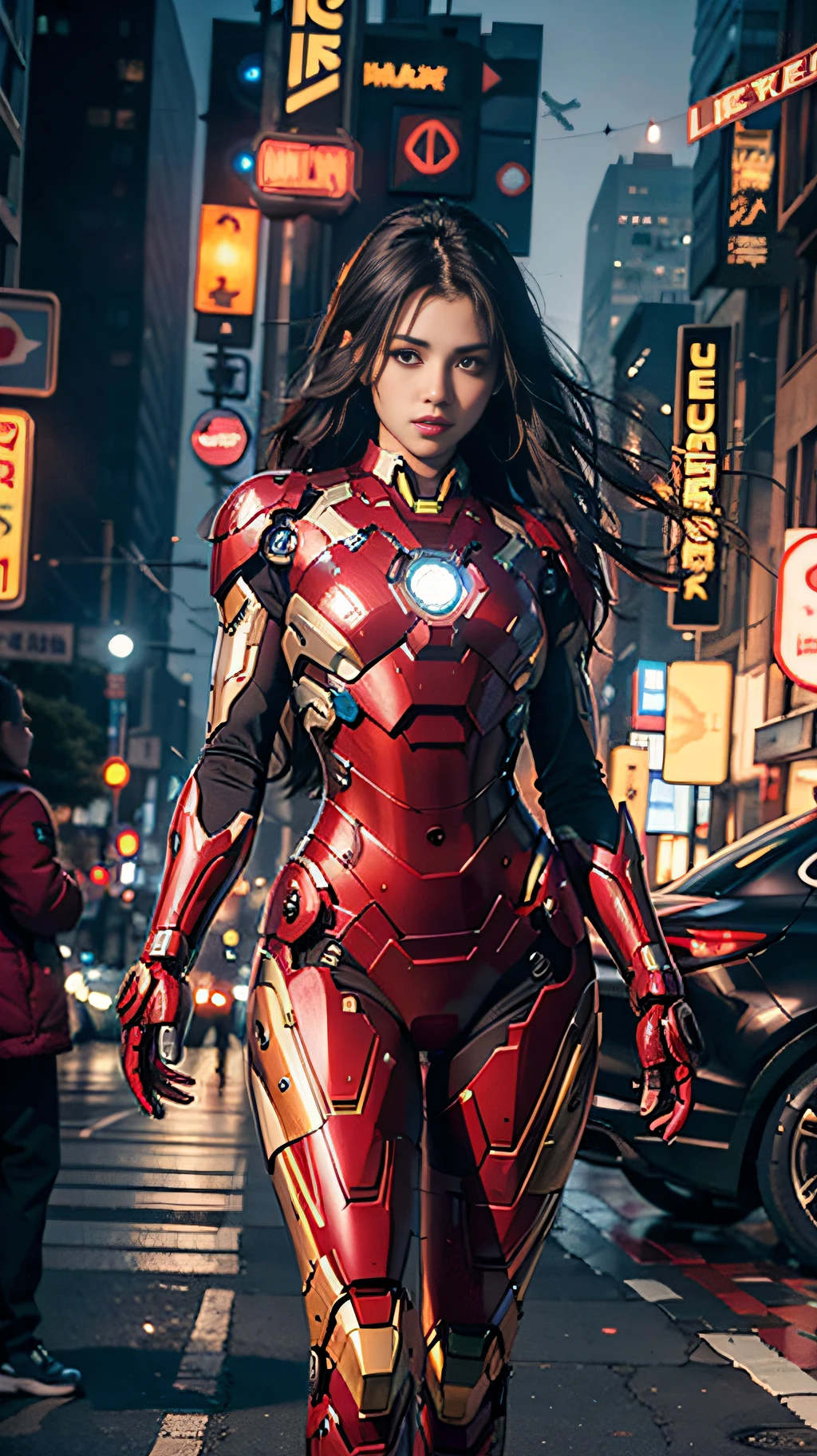 8k, realistic, attractive, highly detailed, a 20 year old girl a sexy and attractive woman inspired by Iron Man wearing a shiny Iron Man mech. She dresses with sexiness and confidence, perfectly interpreting Iron Man's strength and charisma. In a cyberpunk-style city night scene, a sexy and attractive woman takes Iron Man's cosplay as the theme. Wearing a shiny Iron Man mech, she stands on a street lined with tall buildings. The night lights of the city are bright, reflecting on her mecha, adding a sense of future technology. The surrounding buildings and streets are full of cyberpunk elements, such as neon lights, high-tech devices and futuristic architectural designs. The whole scene is full of futuristic and sci-fi atmosphere. This high-definition, high-quality picture will bring you stunning visual enjoyment, a perfect combination of sexy, futuristic and sci-fi elements. oc rendering, dramatic lighting, award winning quality