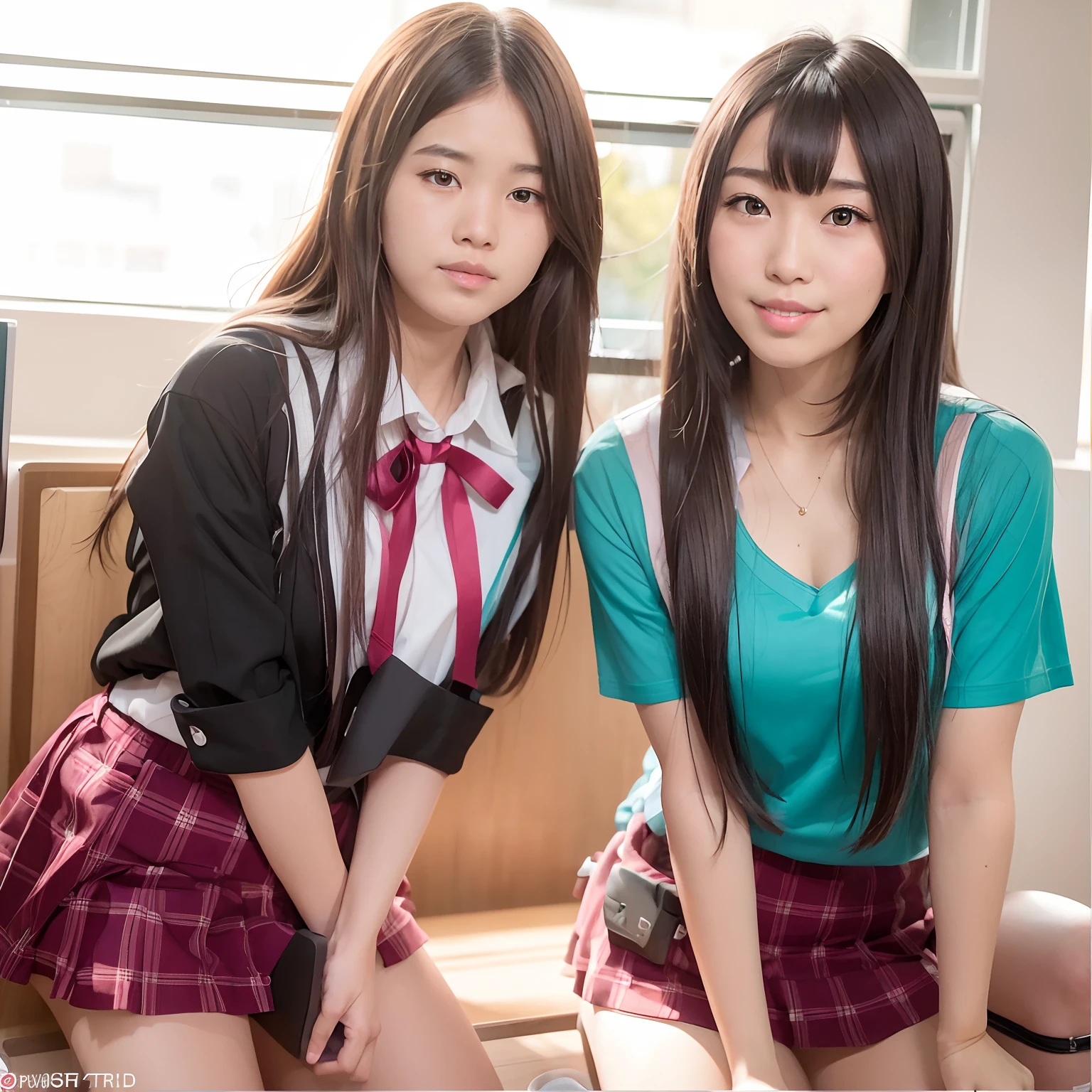 two asian girls in school uniforms posing for a picture, two japanese schoolgirls posing, taken with canon 5d mk4, shot with canon eoa 6 d mark ii, nixeu and sakimichan, two girls, jaeyeon nam, taken with canon eos 5 d mark iv, high school, ulzzang, photo taken with nikon d 7 5 0