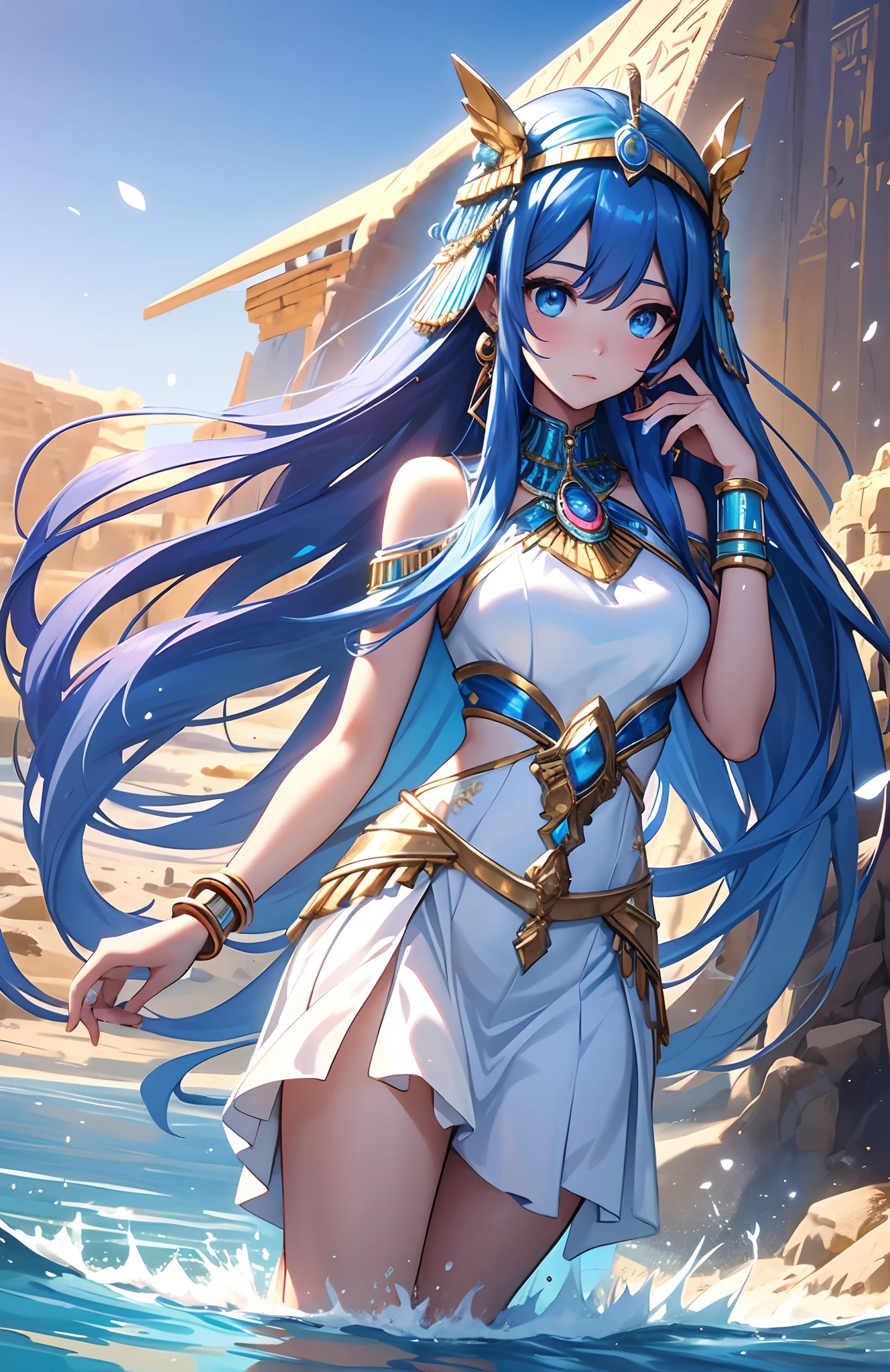 best qualityer,tmasterpiece,Ultimate resolution,downy,Extremely colorful,Colorful,Oasis background,Ancient Egyptian woman,Long azure hair,a matural female,Long white dress in Egyptian style,a white long skirt,Treading water,Desert oasis,Nile River,Normal posture