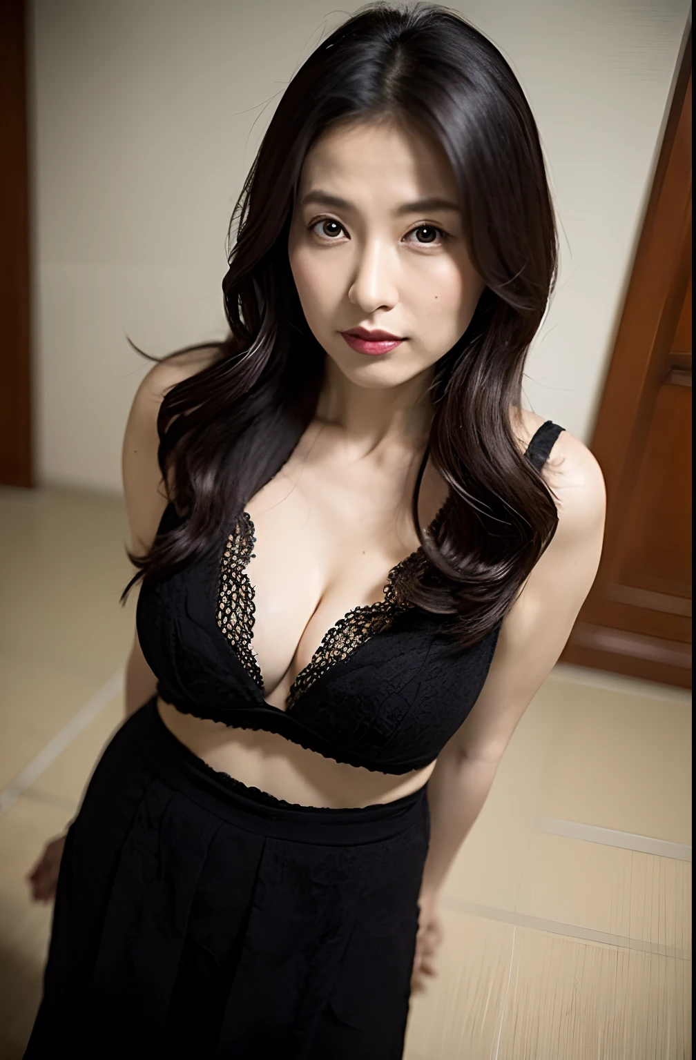 ((Best Quality, 8k, Masterpiece, Portrait: 1.3)), (from below, looking at viewer), (cowboy shot:1), Photorealistic, Sharp Focus, Solo, Japan Milf, Beauty, Catsuit with Cleavage View, 30 Years Old, Wavy Hair, Wrinkles at the Corners of the Eyes, Showing Armpits, Sexy,Mature Woman,Emphasized,((Huge:1.4))),lewd,Erotic, gorgeous bra, (loose waist:0.5),, darkness messy floors,(open mouth:0.7), (_female),