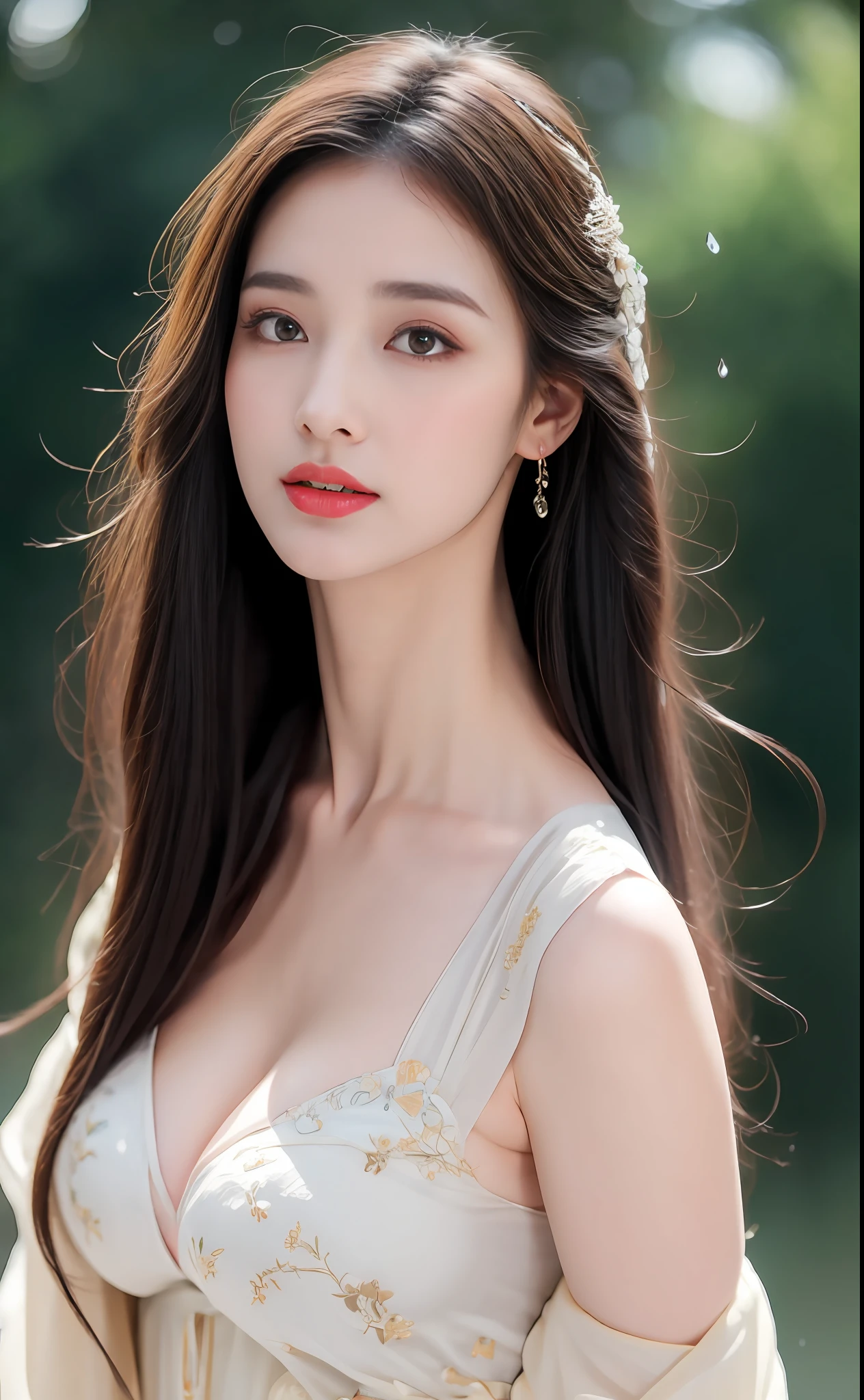 ((Best Quality, 8k, Masterpiece: 1.3)), Focus: 1.2, Perfect Body Beauty: 1.4, Buttocks: 1.2, ((Layered Haircut)), (Wet Clothes: 1.1), (Rain, Street:1.3), (Breasts: 1.2), (Hanfu: 1.2), Bare Shoulders, Bare Legs, Highly Detailed Face and Skin Texture, Fine Eyes, Double Eyelids, Whitened Skin, Long Hair, (Shut Up: 1.5), (Bokeh Background: 1.5), Big Breasts