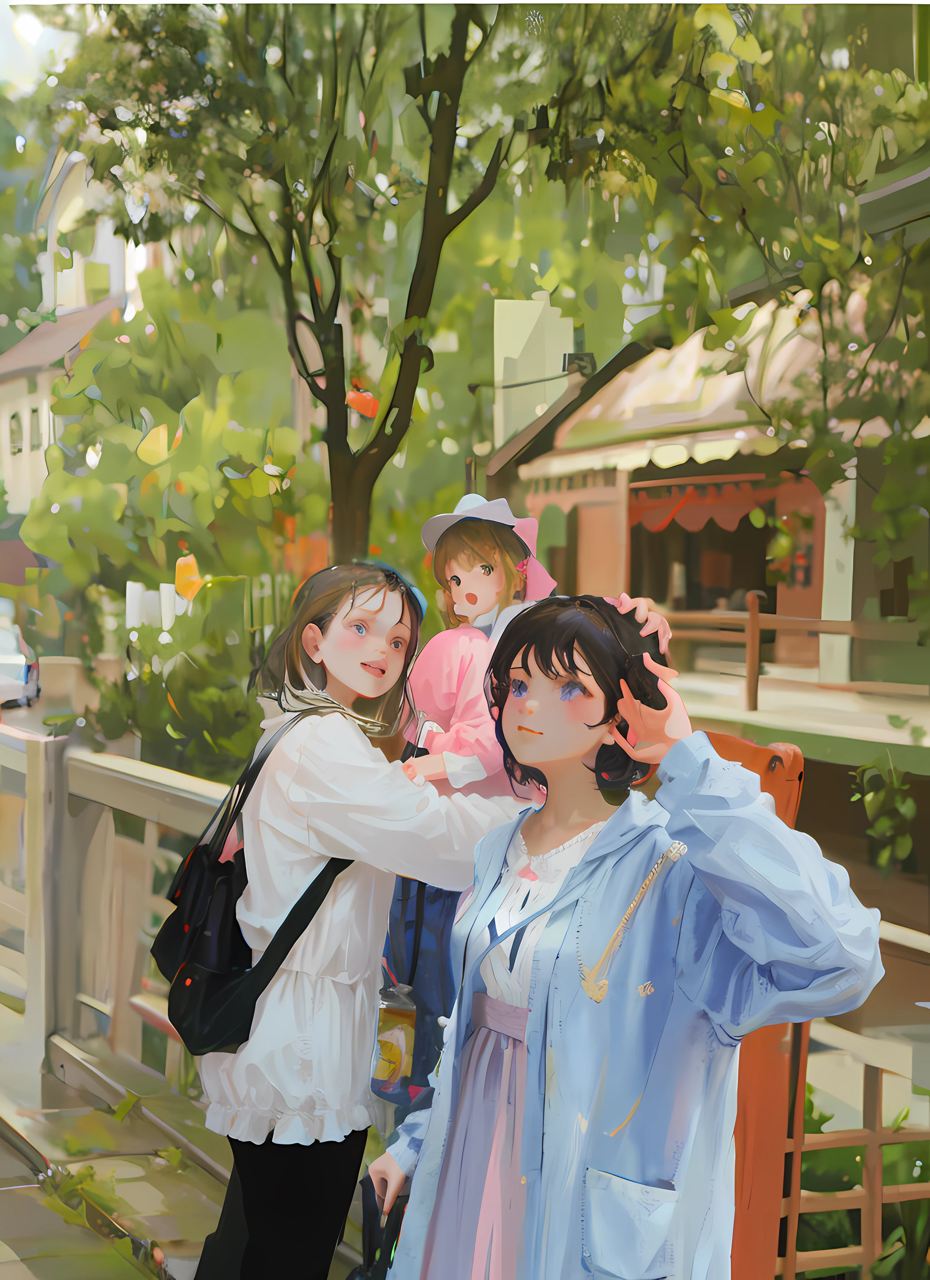 Two women standing on the bridge, one woman carrying a black bag，Holding a pink child Biye wicker in the foreground Realistic little details 8k perfect face