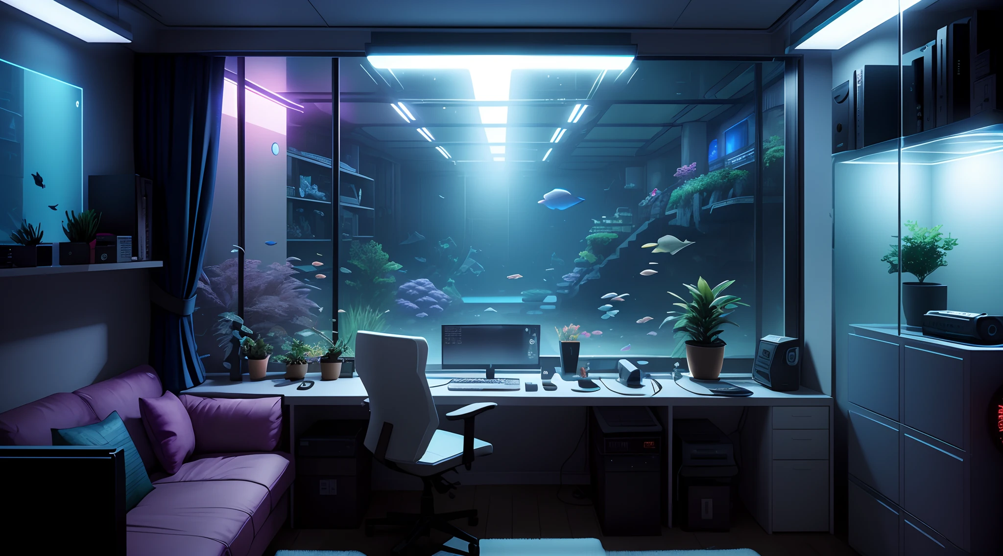 This room has a desk, chair, and aquarium, beeple global illumination, 3 d render beeple, cyberpunk setting, Realism | beeple, Cyberpunk interior, inspired by Beeple, In the style of Beeple, Cinematic Beeple, Stationation and beeple high, Beeple Hybrid Mix Style