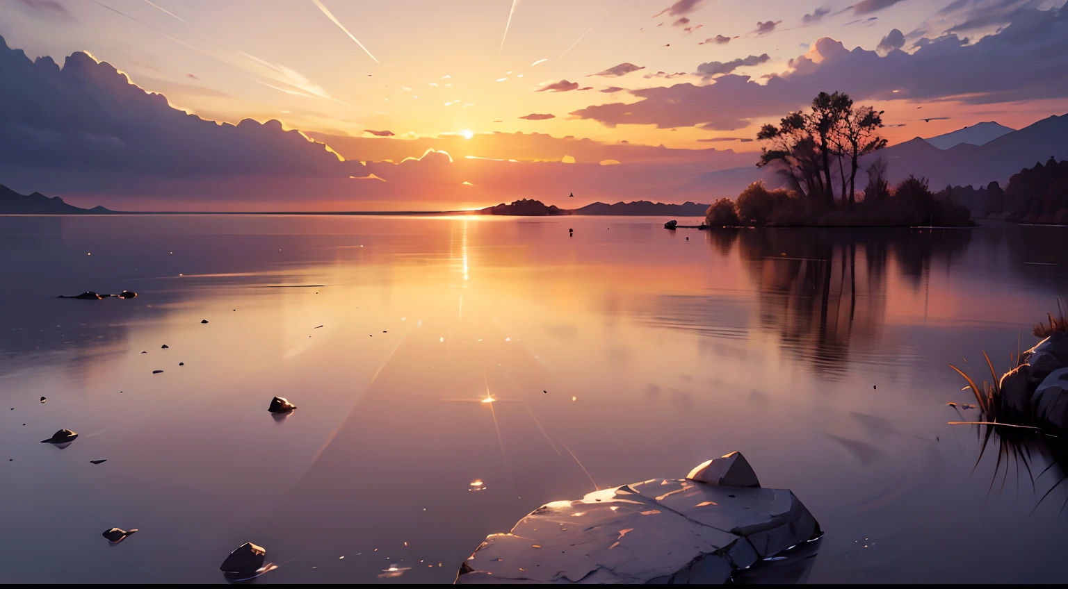 Image, which depicts a shining sunrise over a calm and serene landscape