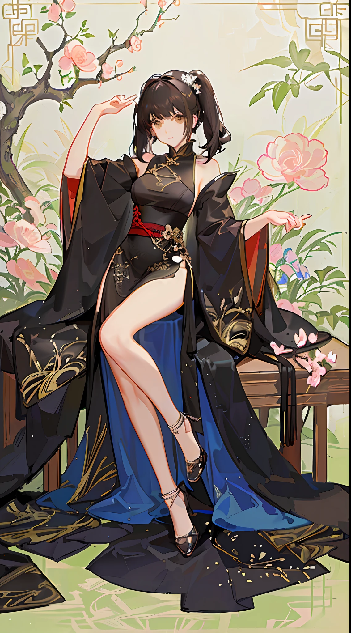 girl,full body,(detailed face:1.2), masterpiece, fashion,chinese dress,, medium hair, black hair, twintails, blunt bangs, brown eyes,