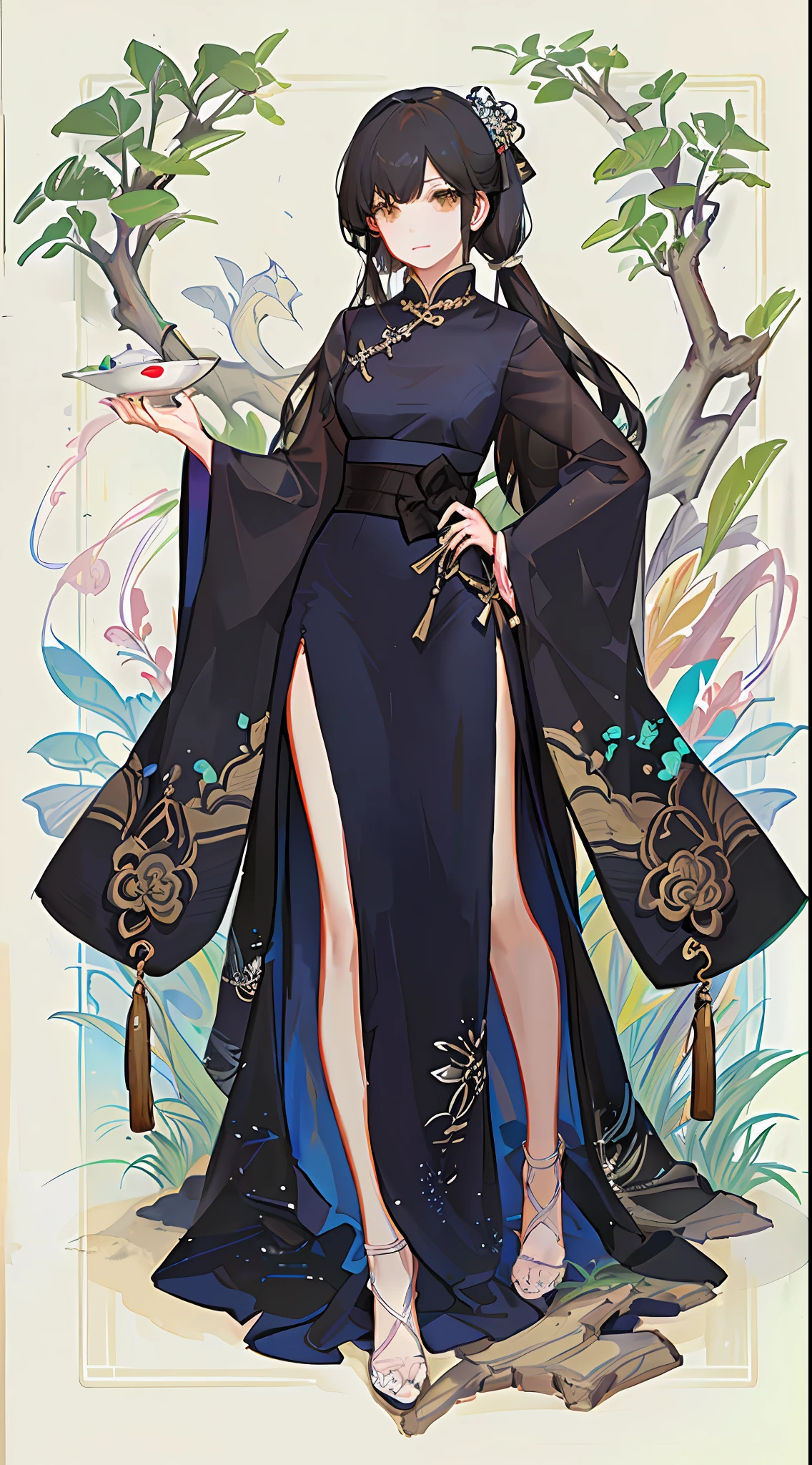 girl,full body,(detailed face:1.2), masterpiece, fashion,chinese dress,, medium hair, black hair, twintails, blunt bangs, brown eyes,