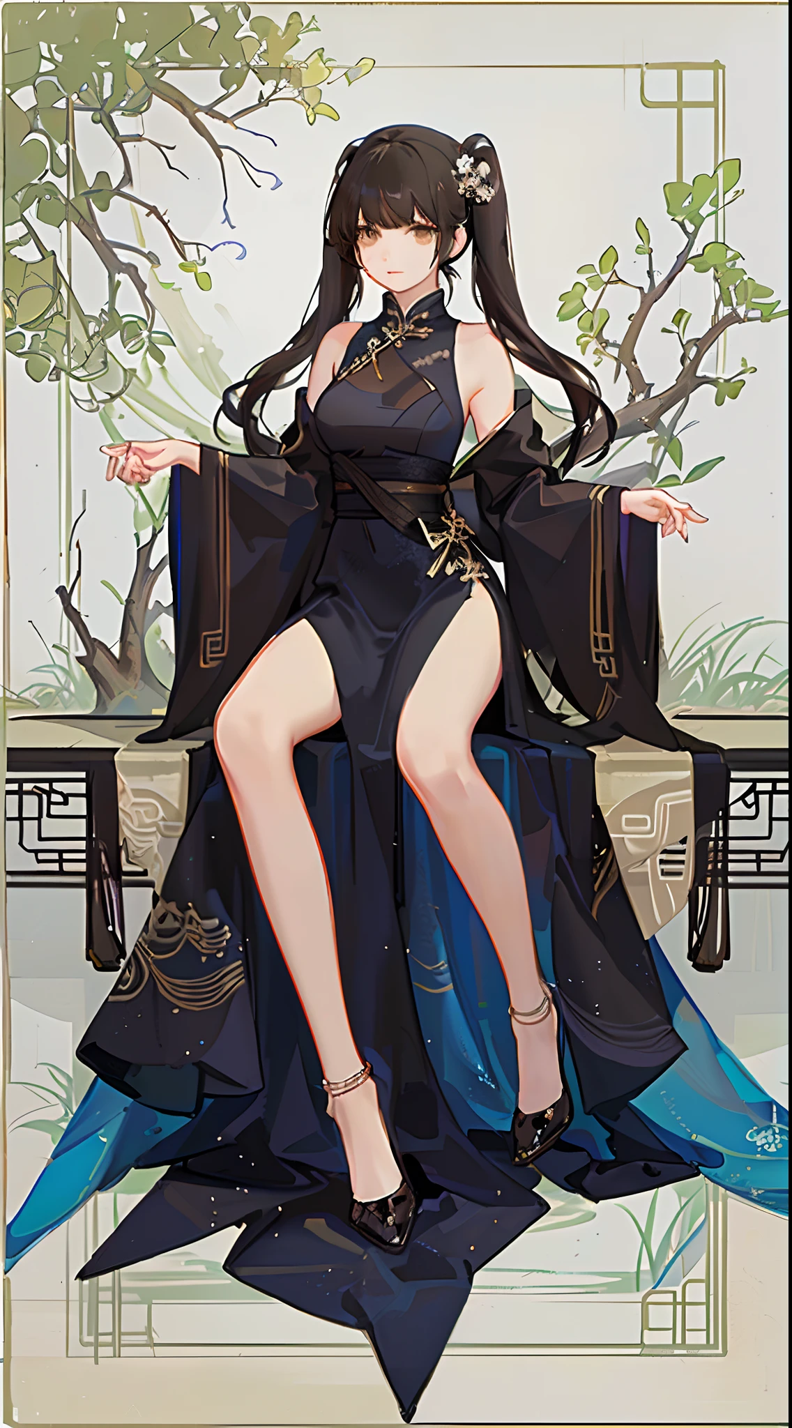 a sexy woman, (best quality), (masterpiece), (1girl), slim, anime, (flat chested), (chinese dress), (sitting and legs up), (protrait), (full body view)