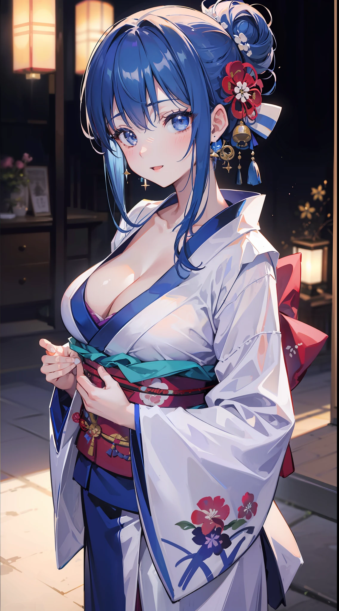 (1girl:1.1), solo focus, looking at viewer, (a 26-year-old girl in a kimono:1.21), wa maid, blue hair, gradient hair, japanese clothes, :d, half updo, hand on own chest, earrings, (cleavage:1.1), standing, comic, traditional media, happy, (celebration:1.1), large breasts, fireworks, dating, youth, confession, side backlight, Hasselblad, 85mm, f/2.8, Eye-Level Shot, backlighting, ray tracing, blurry, blurry, cinematic lighting, ray tracing, motion blur, chiaroscuro, super detail, high details, high quality, textured skin, anatomically correct