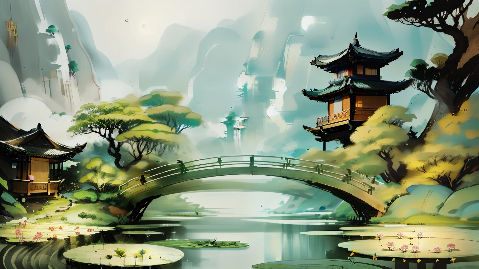 ((best qualtiy)), ((tmasterpiece)),Chinese style,water lilies,West lake,Gangnam view,Wooden boats,Weapon code,Lotus flowers bloom,Lake surface,lotuses,beautiful night scene,(( (Chinese martial arts style))), The sky is vast, Even the mountain cliffs, ink wash style, Contour light, Atmospheric atmosphere, depth of fields, The fog rises, bamboos, pines, Octagonal stone pavilion, Flying waterfalls, large full moon,(colorless),Mono Color,Light shades,