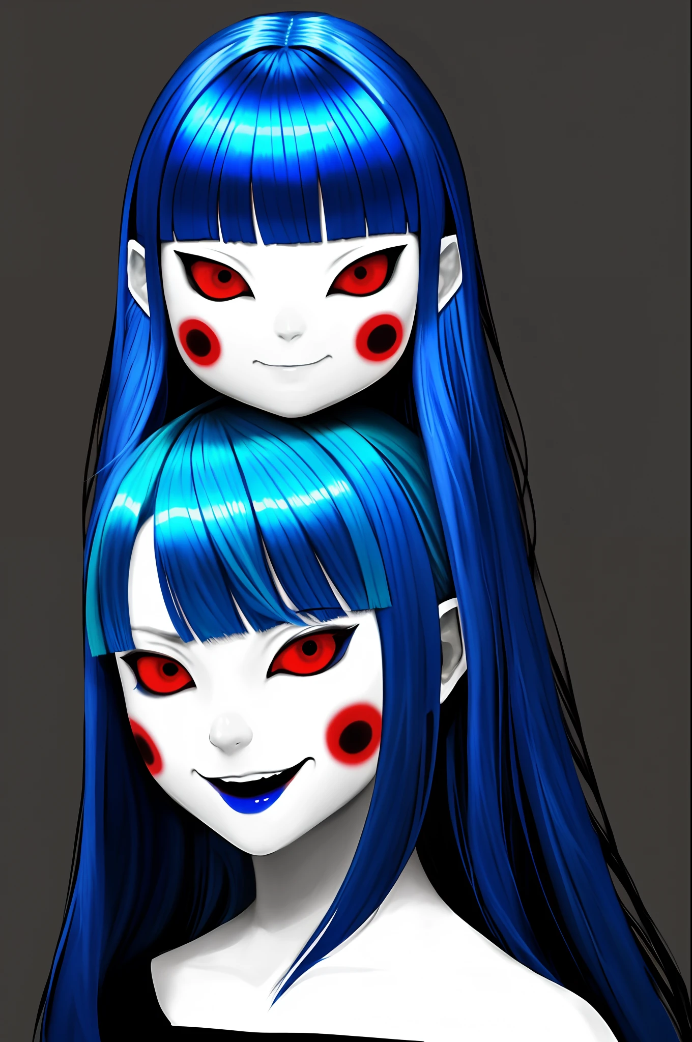 Tomb mud dart, Simple background, Horror \(Theme\), Devilish head, Scary face, Strange, Creepy, 1girll, aka \(440626\), bangs, Blue hair, Blurry, The background is blurred out, Closed mouth, Eyebrows visible through hair, A high resolution, Long hair, multicolored hair, Portrait, Red eyes, Shiny, Shiny hair, Silver hair, Smile, Solo, two tone color hair, Virtual YouTuber